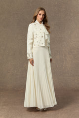 Lavish Looks White Embellished Jacket & Bow Tie Pleated Dress Set