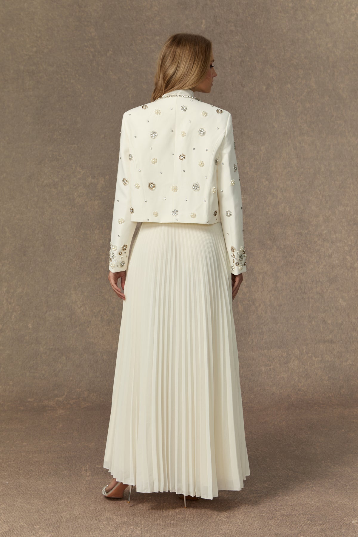 Lavish Looks White Embellished Jacket & Bow Tie Pleated Dress Set