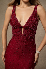 Enchant My Love Burgundy Beaded Plunging V鈥慛eck Maxi Dress