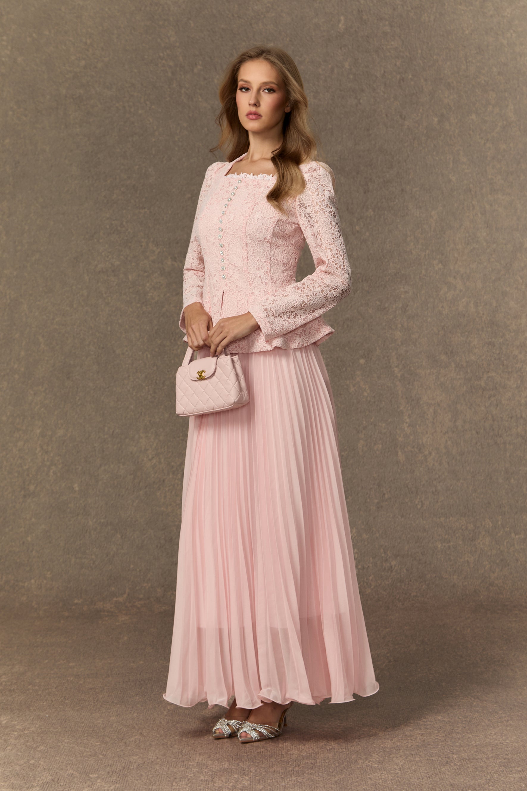 Glamorous Choice Pink Embroidered Lace Jacket & Pleated Skirt Set
