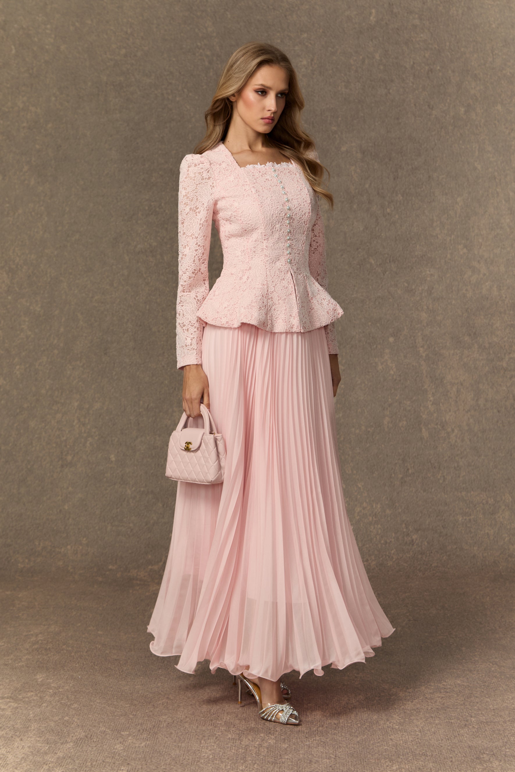Glamorous Choice Pink Embroidered Lace Jacket & Pleated Skirt Set
