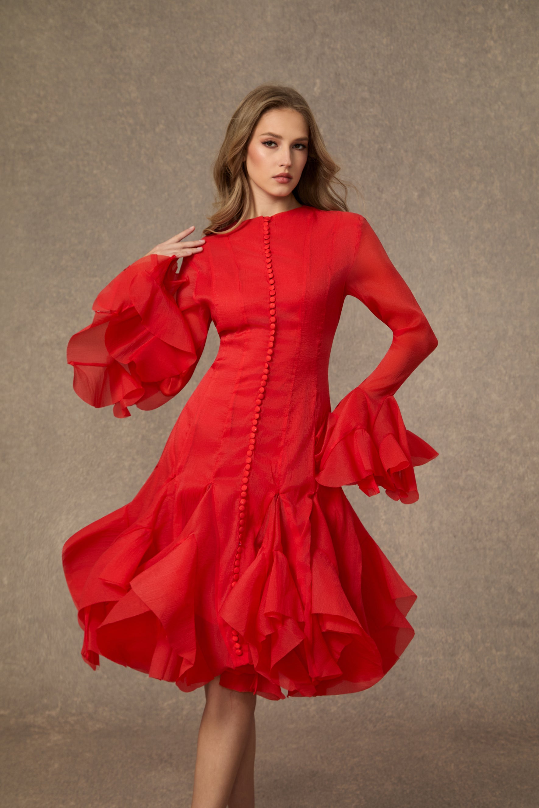 Little Fire Red Layered Ruffle Midi Dress