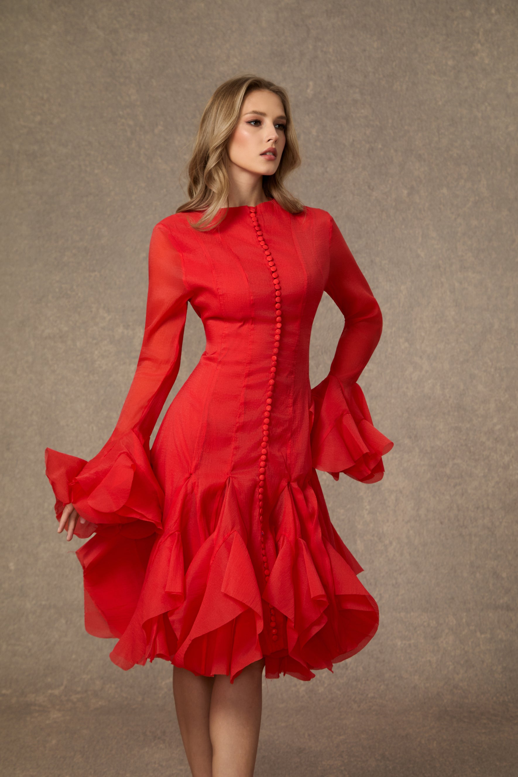 Little Fire Red Layered Ruffle Midi Dress