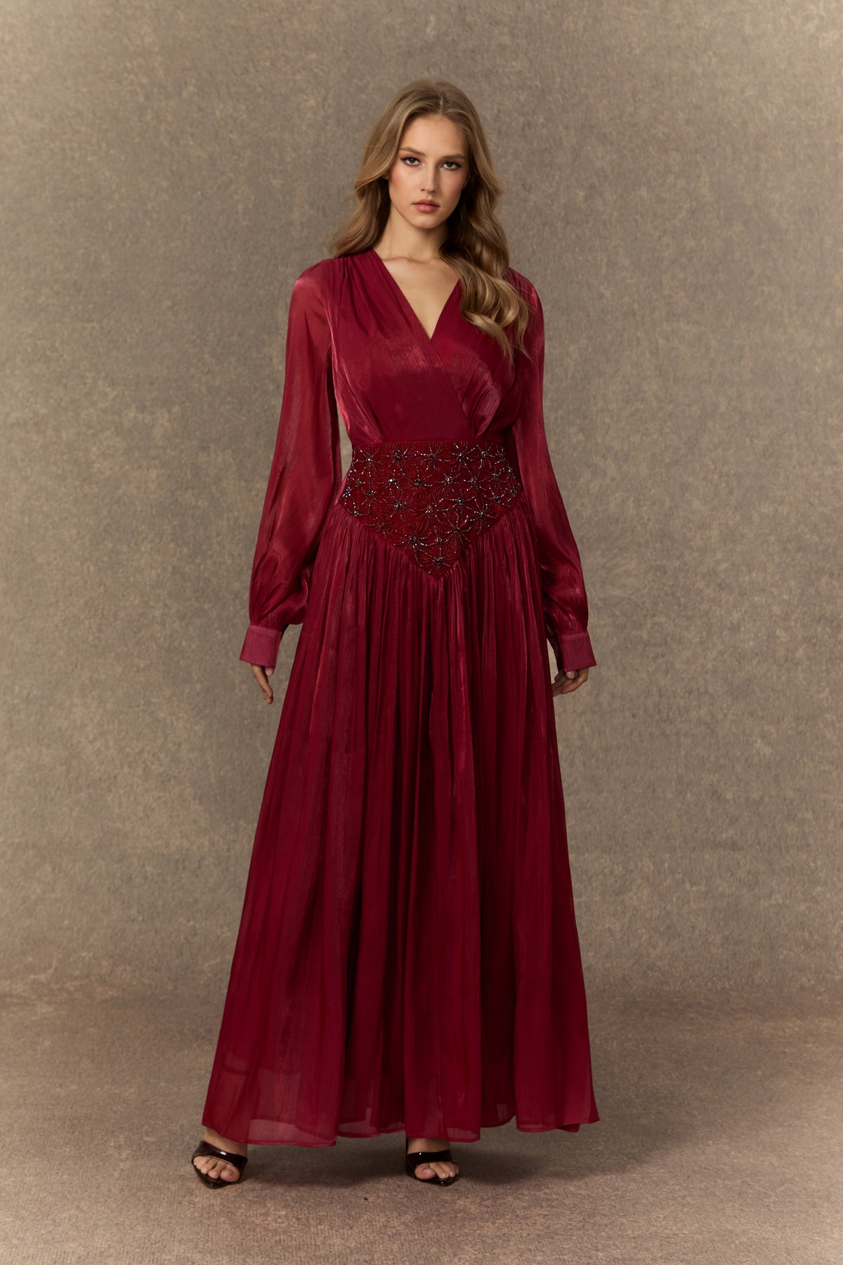 Romantic Celebration Burgundy V鈥慛eck Beaded Maxi Dress