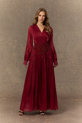 Romantic Celebration Burgundy V鈥慛eck Beaded Maxi Dress