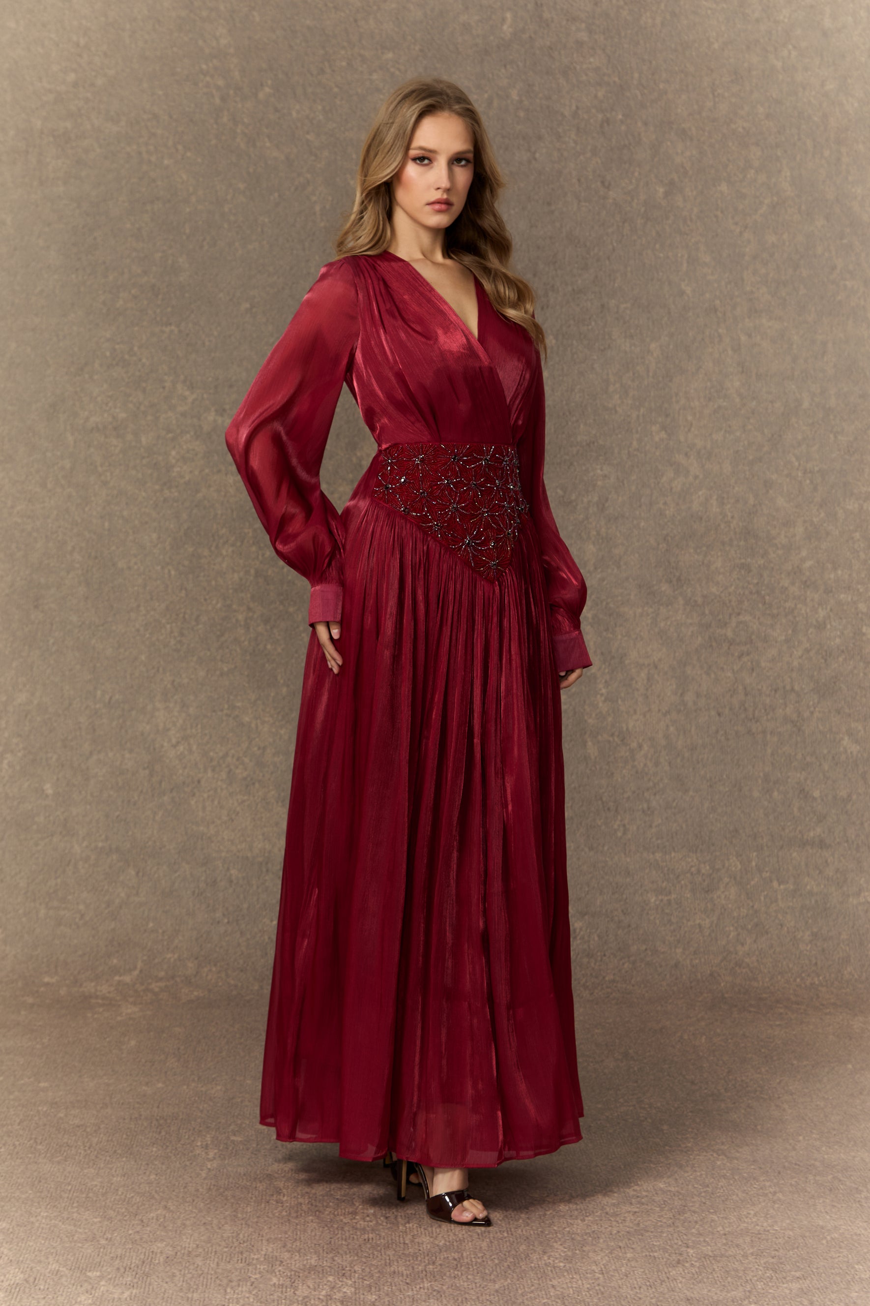 Romantic Celebration Burgundy V鈥慛eck Beaded Maxi Dress