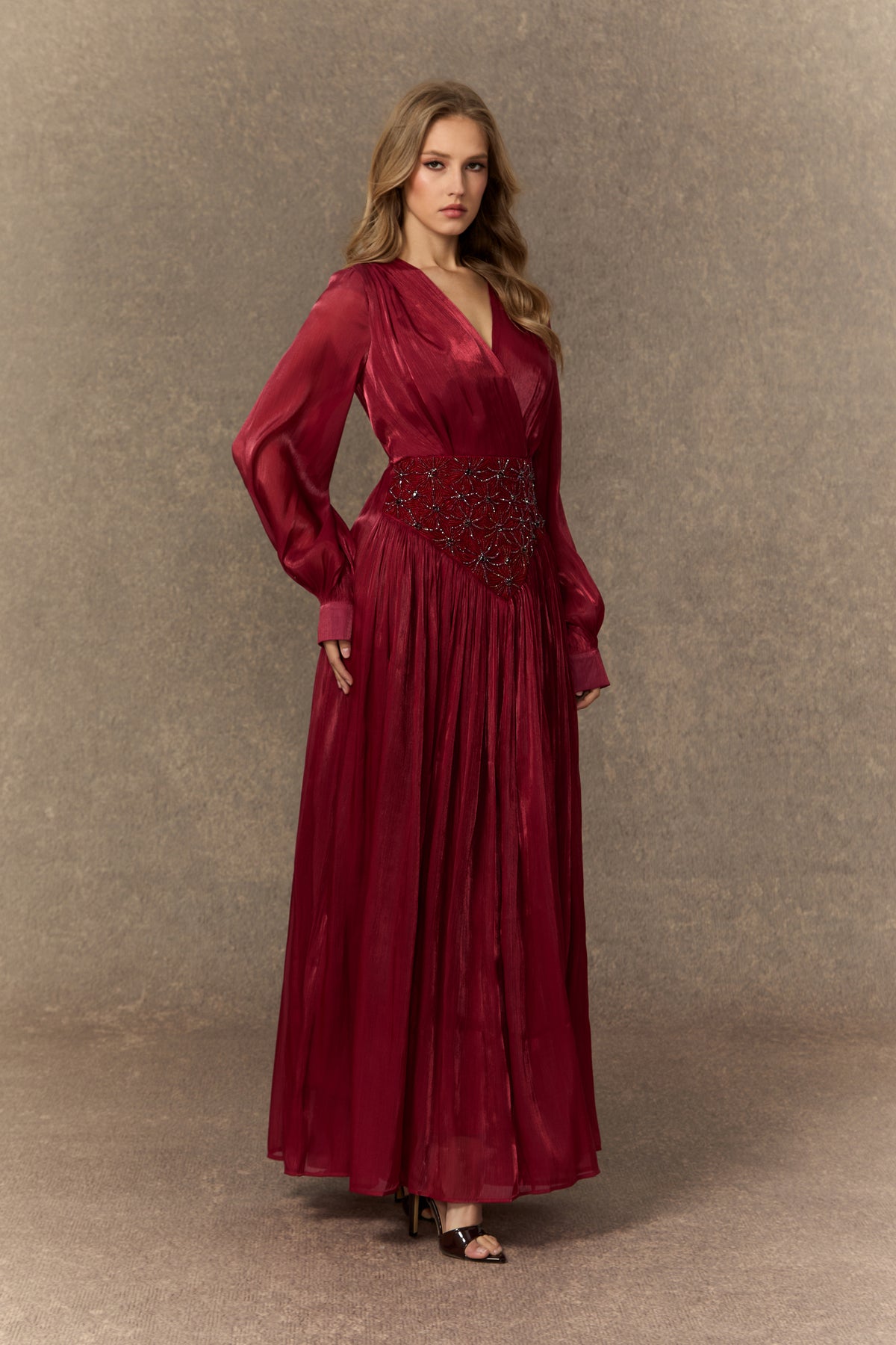 Romantic Celebration Burgundy V鈥慛eck Beaded Maxi Dress