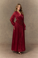Romantic Celebration Burgundy V鈥慛eck Beaded Maxi Dress