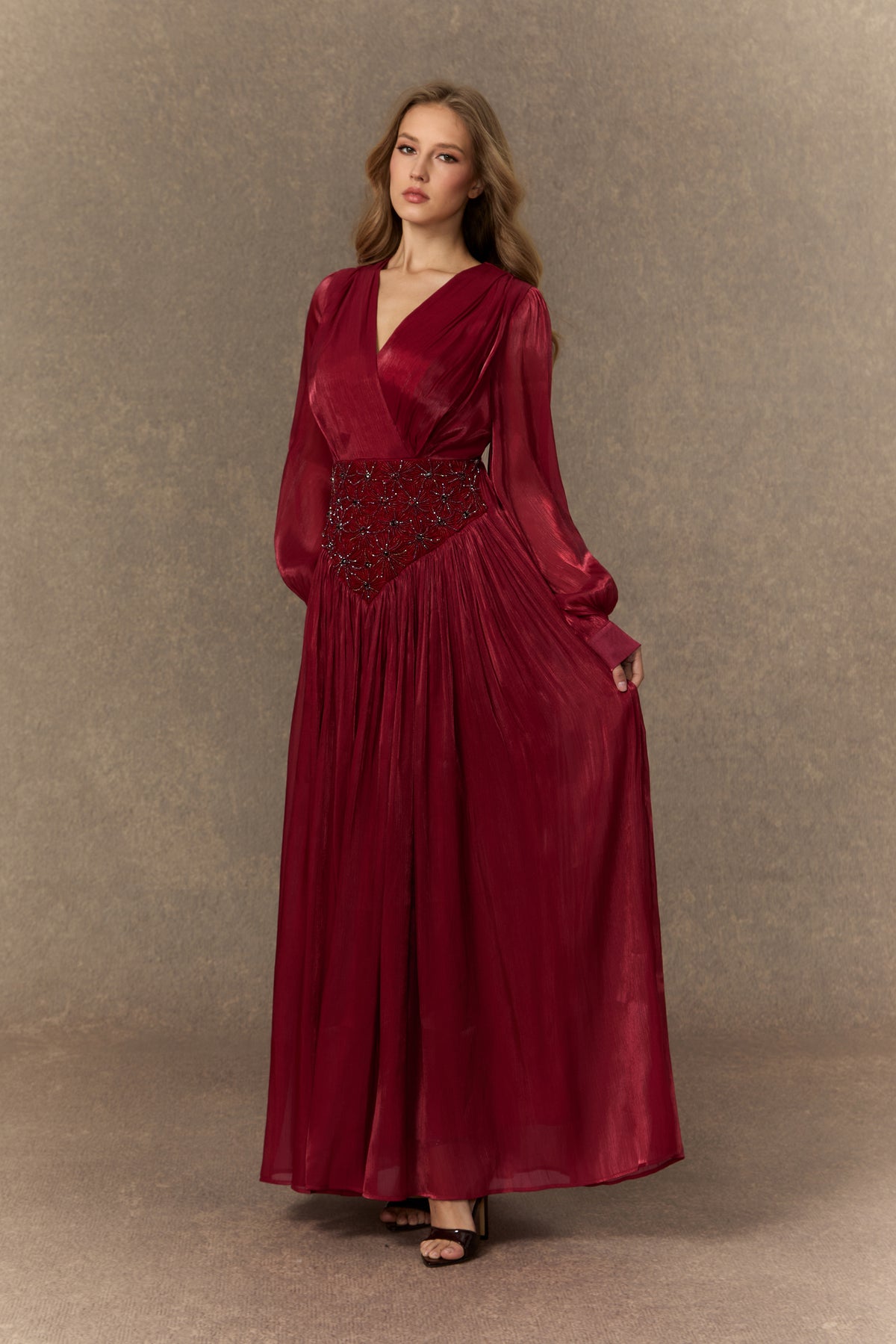 Romantic Celebration Burgundy V鈥慛eck Beaded Maxi Dress