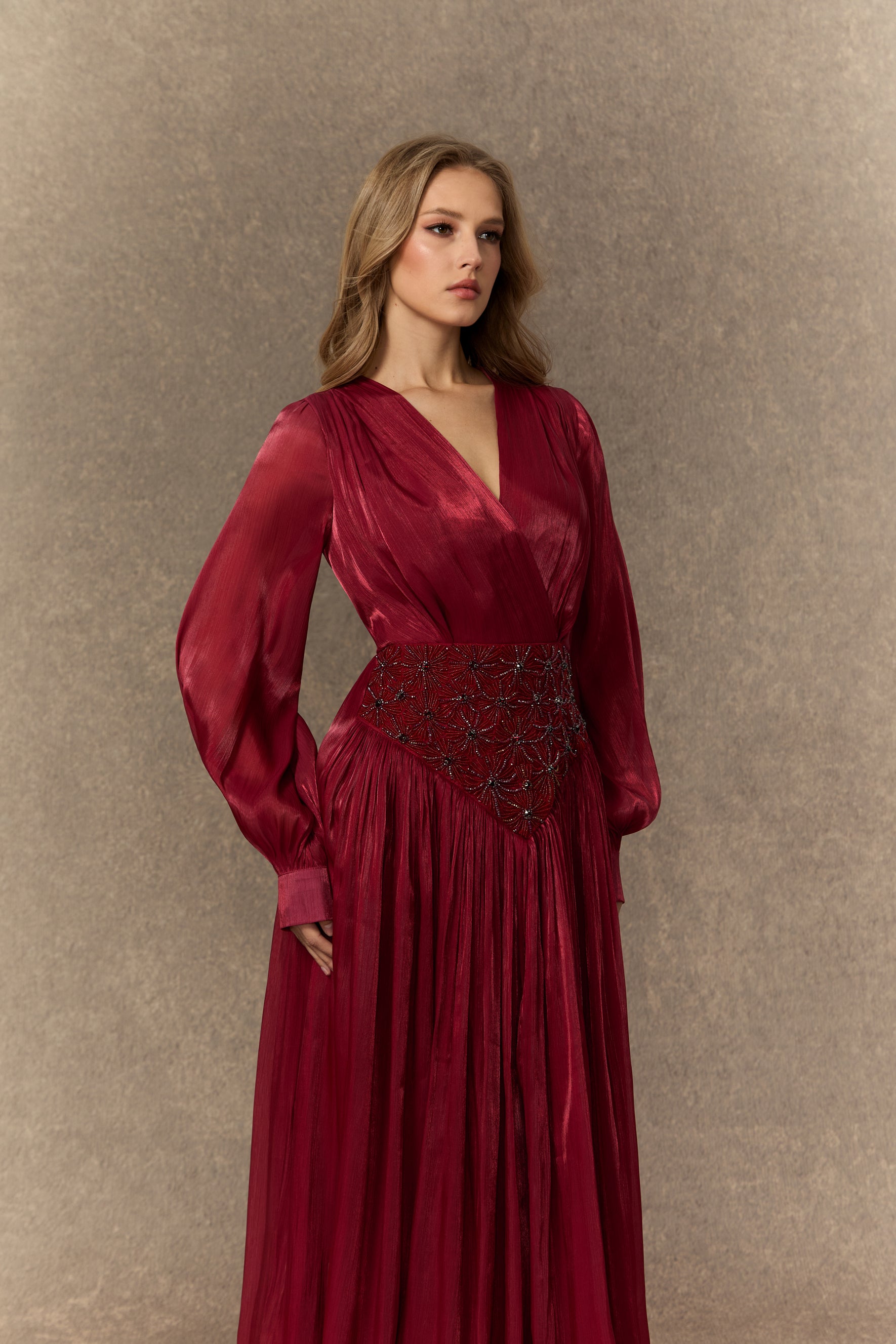 Romantic Celebration Burgundy V鈥慛eck Beaded Maxi Dress