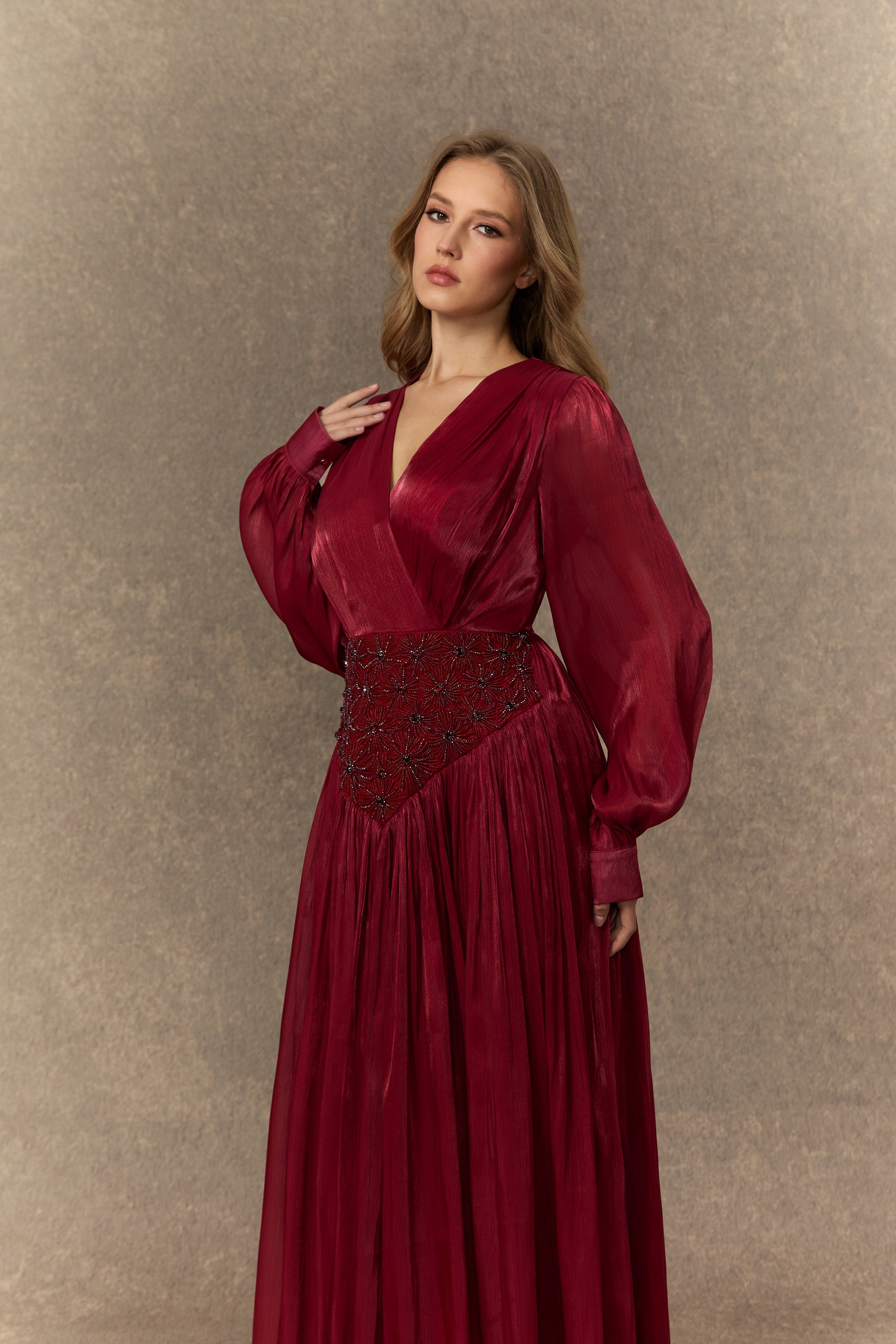 Romantic Celebration Burgundy V鈥慛eck Beaded Maxi Dress