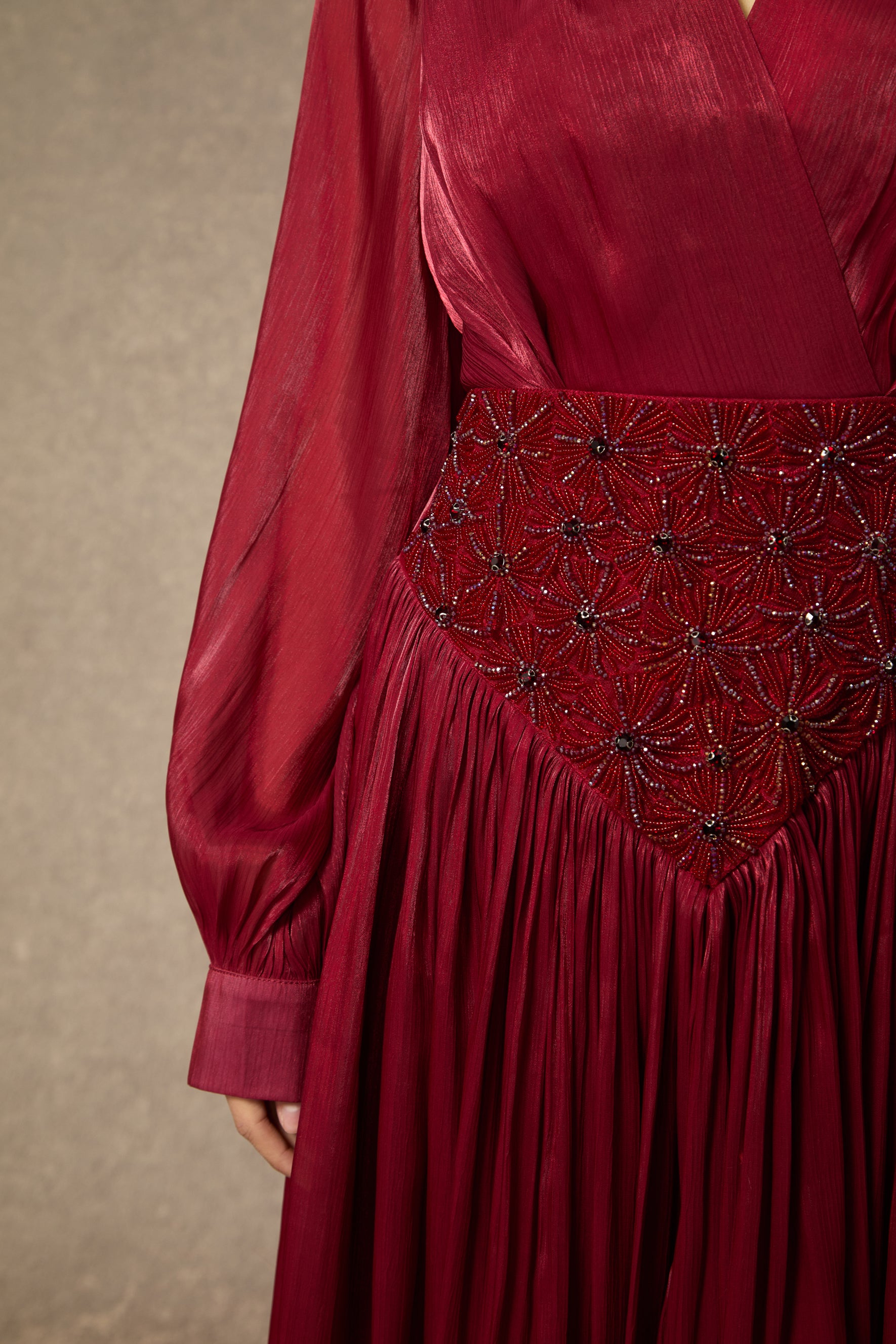 Romantic Celebration Burgundy V鈥慛eck Beaded Maxi Dress