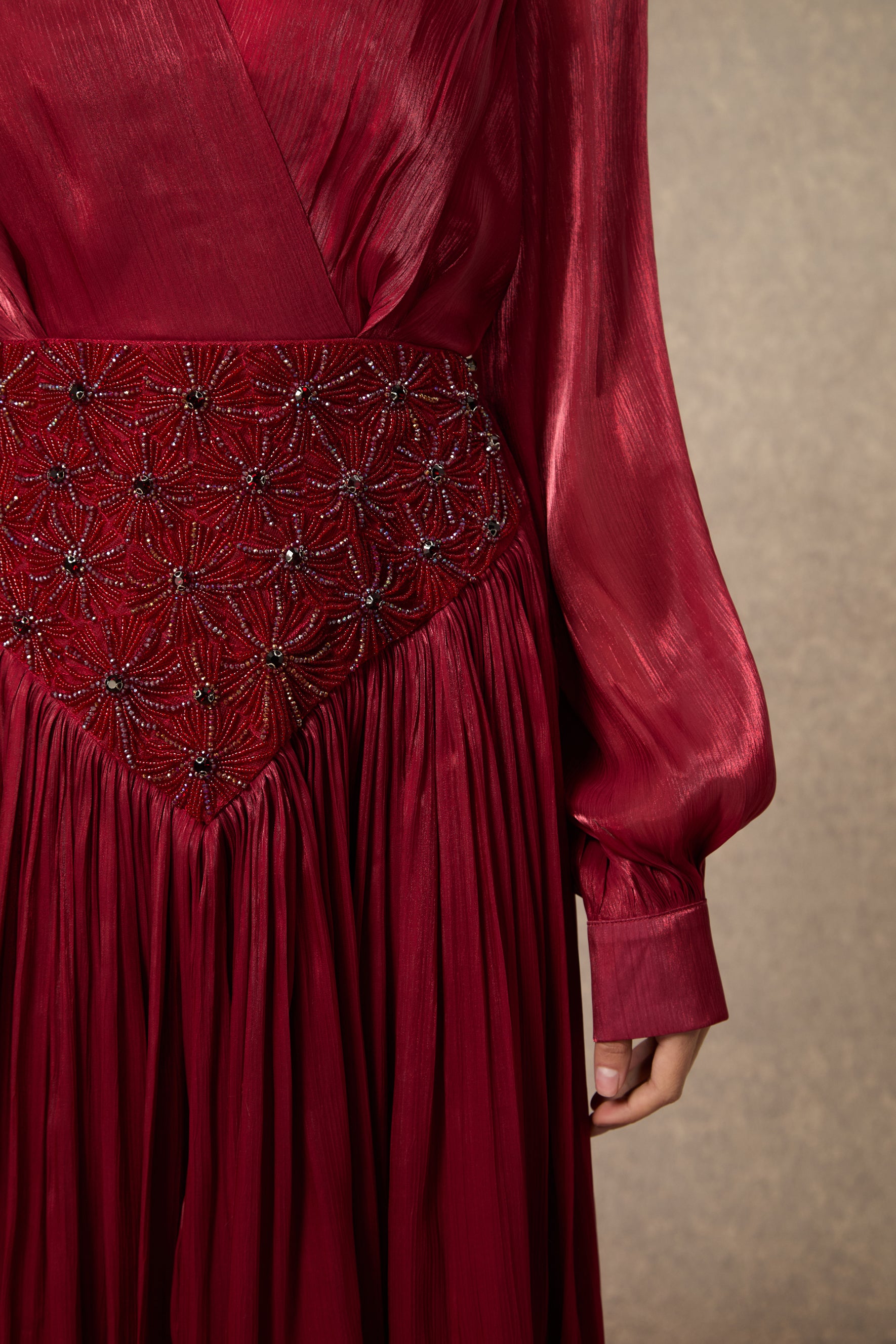 Romantic Celebration Burgundy V鈥慛eck Beaded Maxi Dress