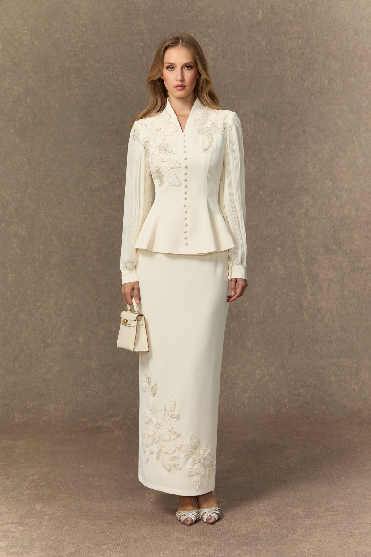 Dressed To Dazzle White Floral Embroidery Pleated Sleeve Skirt Set