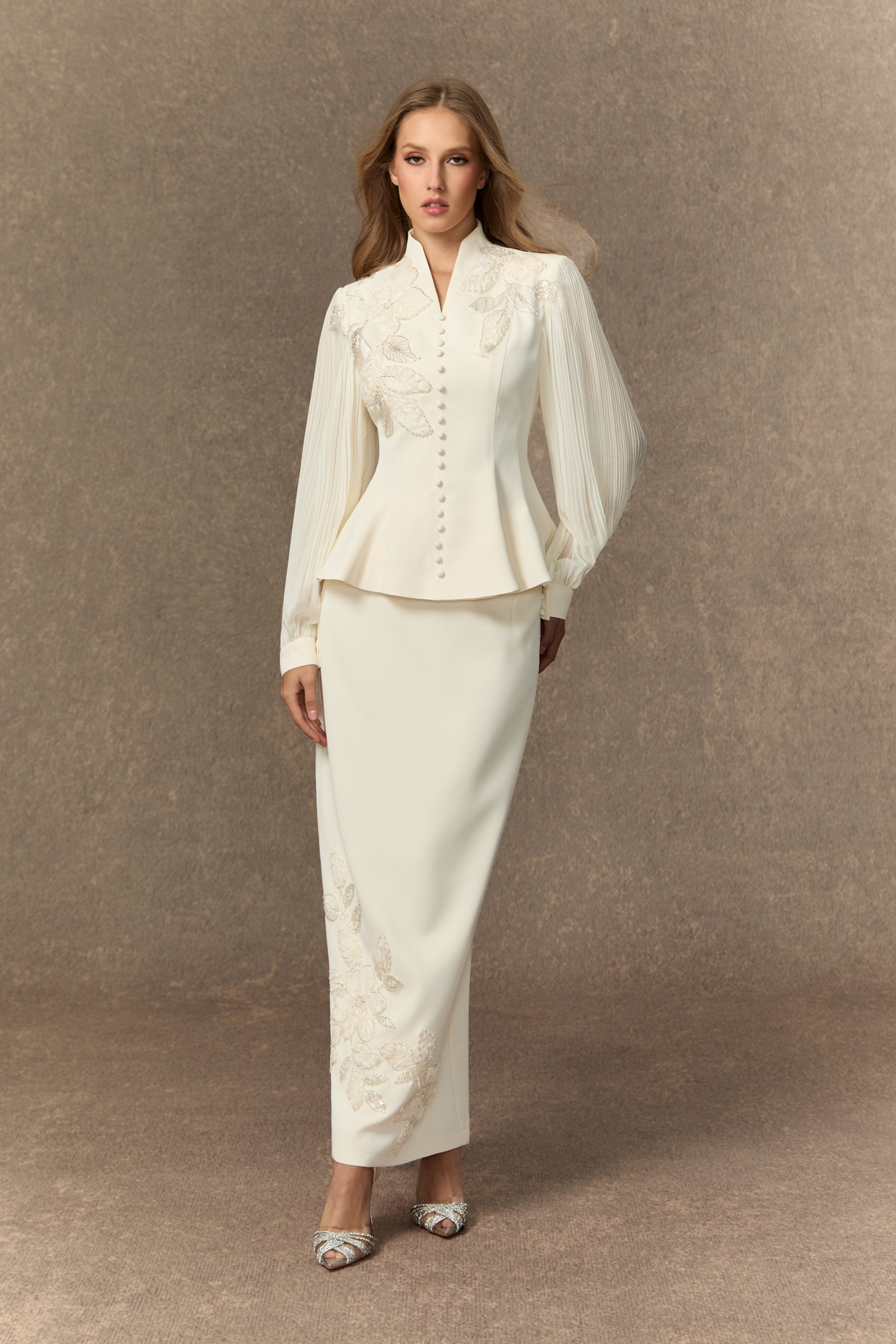 Dressed To Dazzle White Floral Embroidery Pleated Sleeve Skirt Set