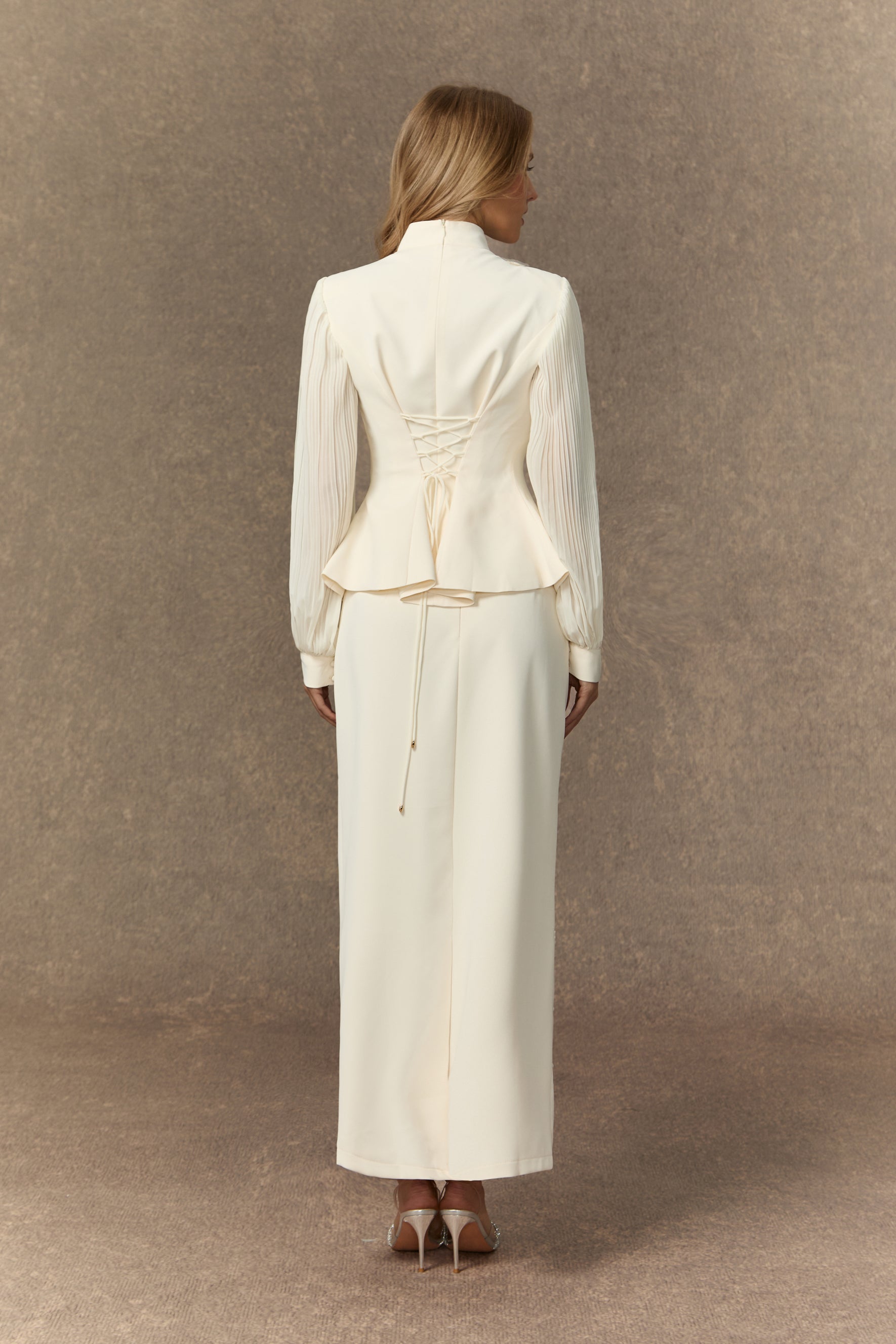Dressed To Dazzle White Floral Embroidery Pleated Sleeve Skirt Set