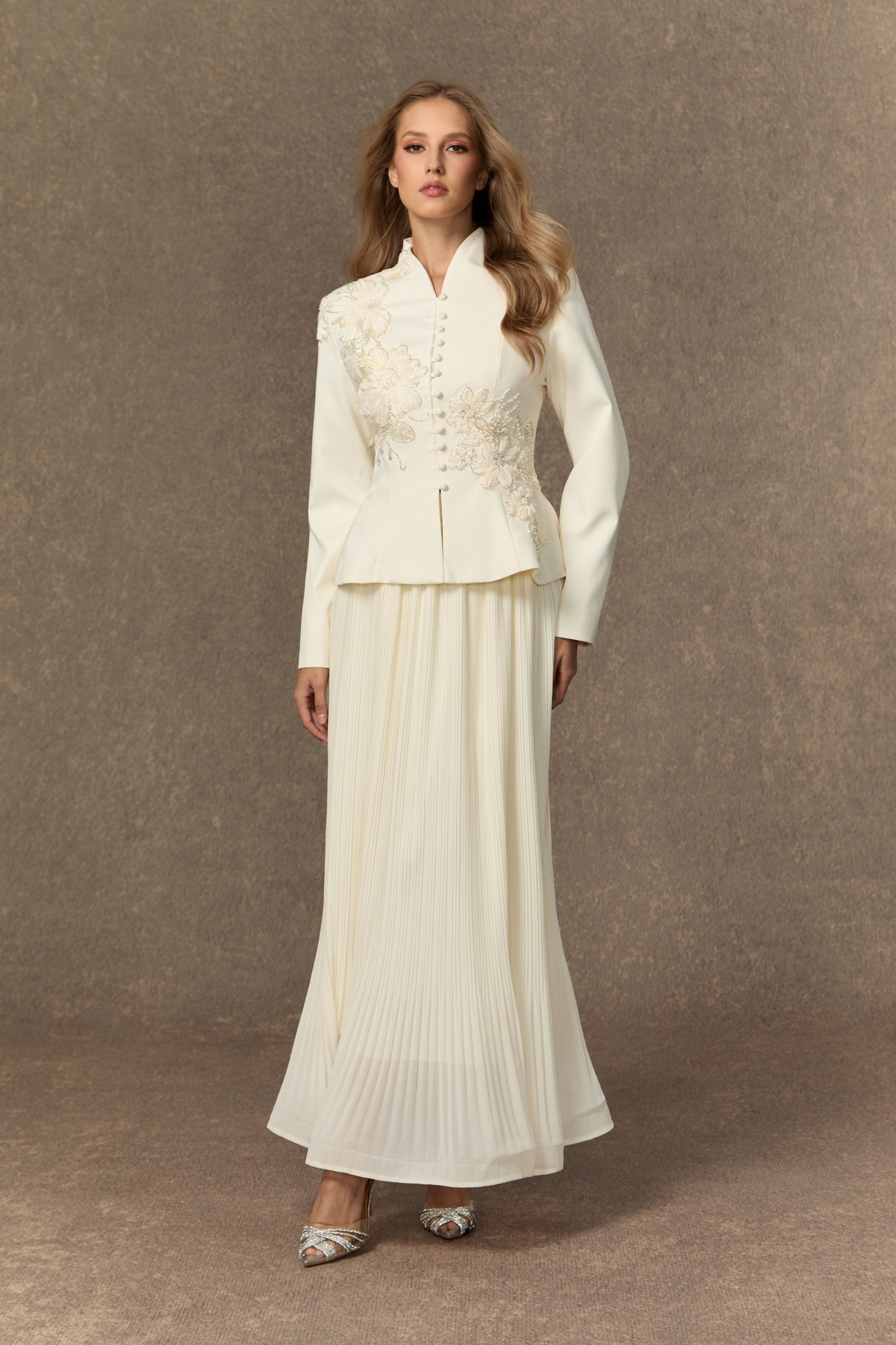 Graceful Arrival Black Lace Embroidered Jacket & Pleated Skirt Set