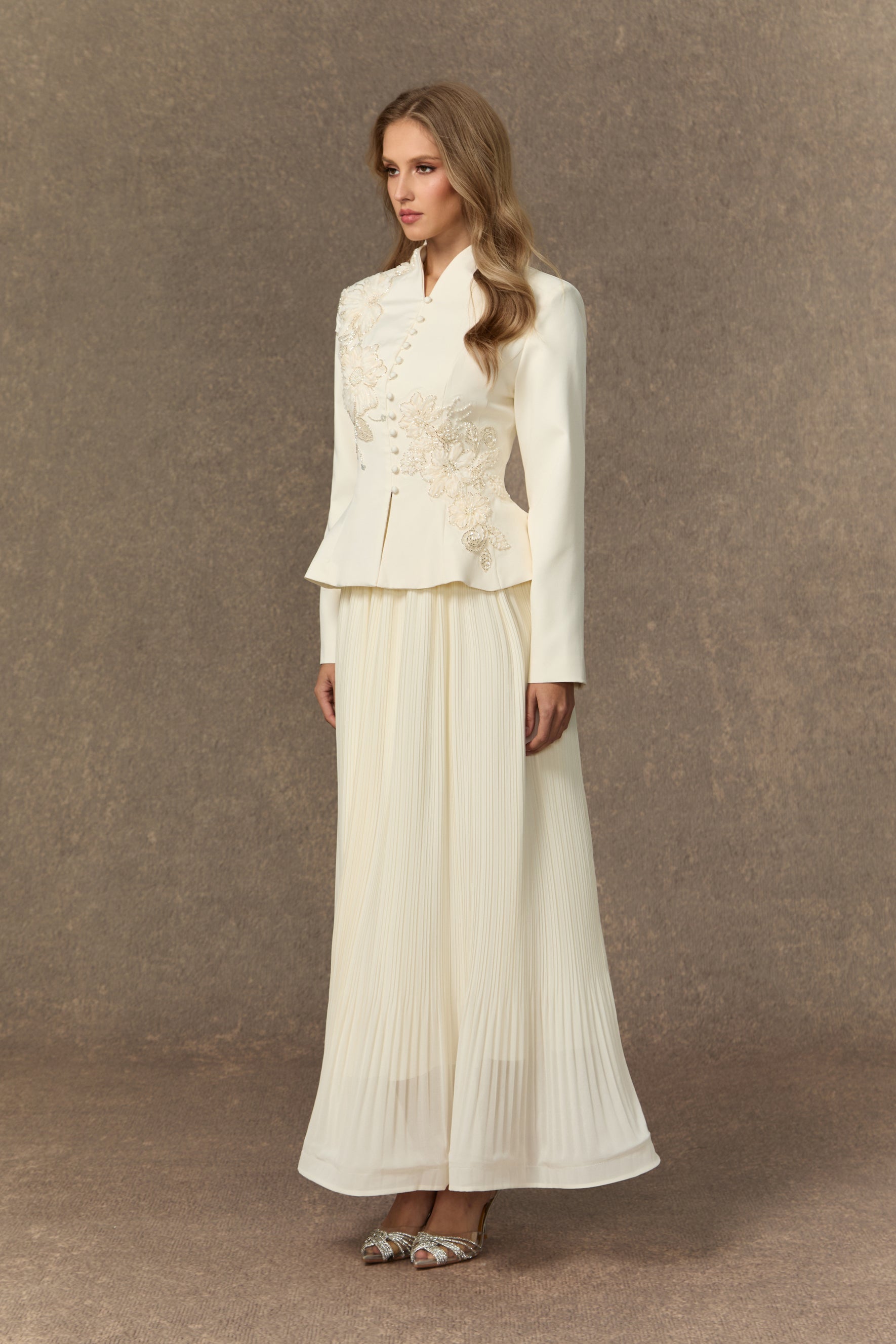 Graceful Arrival Black Lace Embroidered Jacket & Pleated Skirt Set