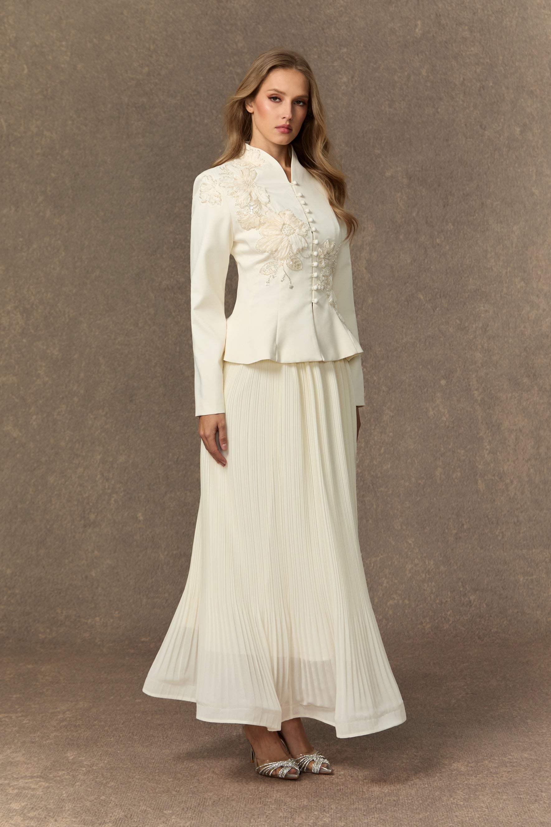 Graceful Arrival Black Lace Embroidered Jacket & Pleated Skirt Set