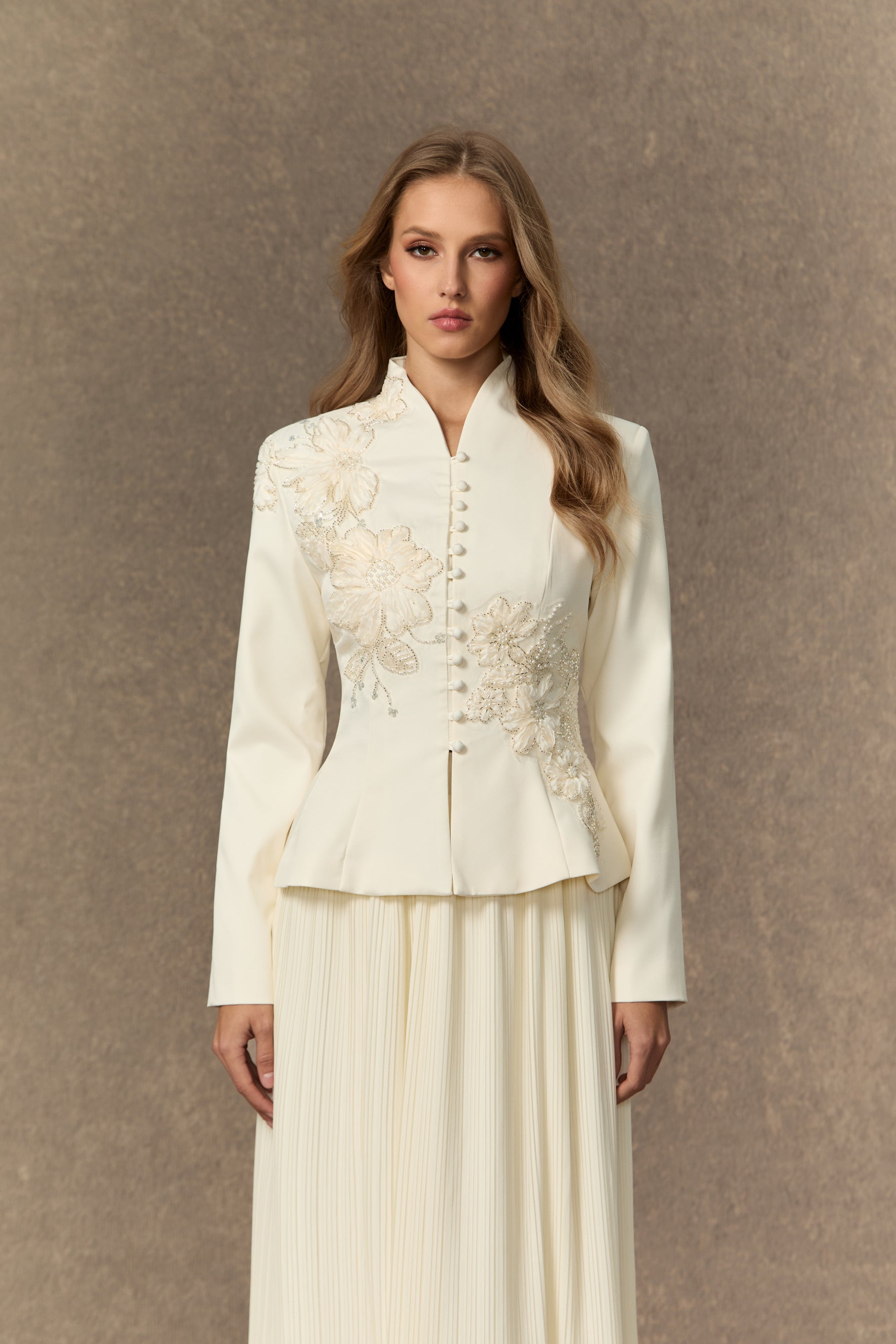 Graceful Arrival Black Lace Embroidered Jacket & Pleated Skirt Set