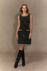 Starry Luxe Black Crystal Grid Sleeveless Midi Dress