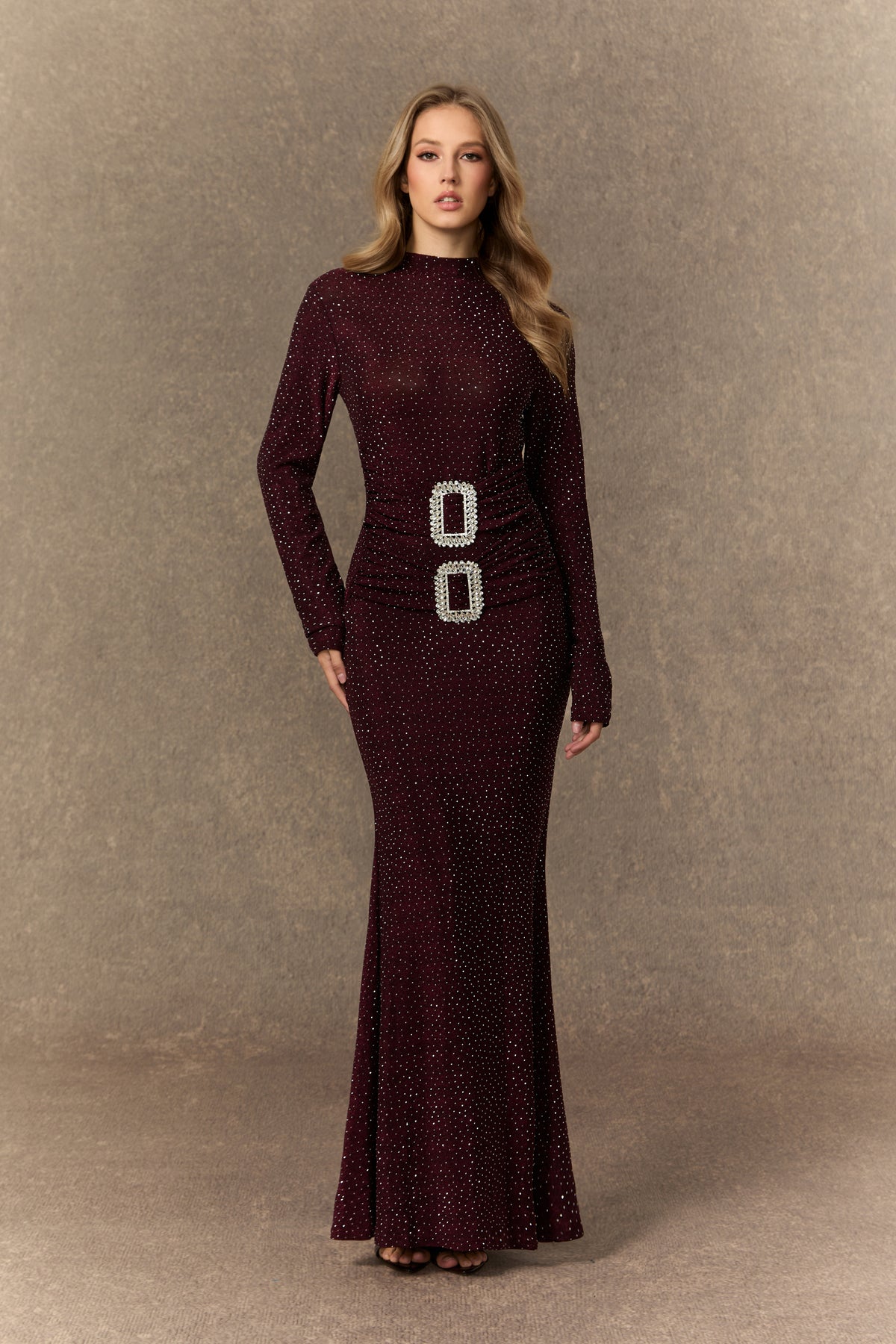 Forever Sensational Burgundy Crystal Buckle Maxi Dress