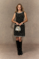 Starry Luxe Black Crystal Grid Sleeveless Midi Dress