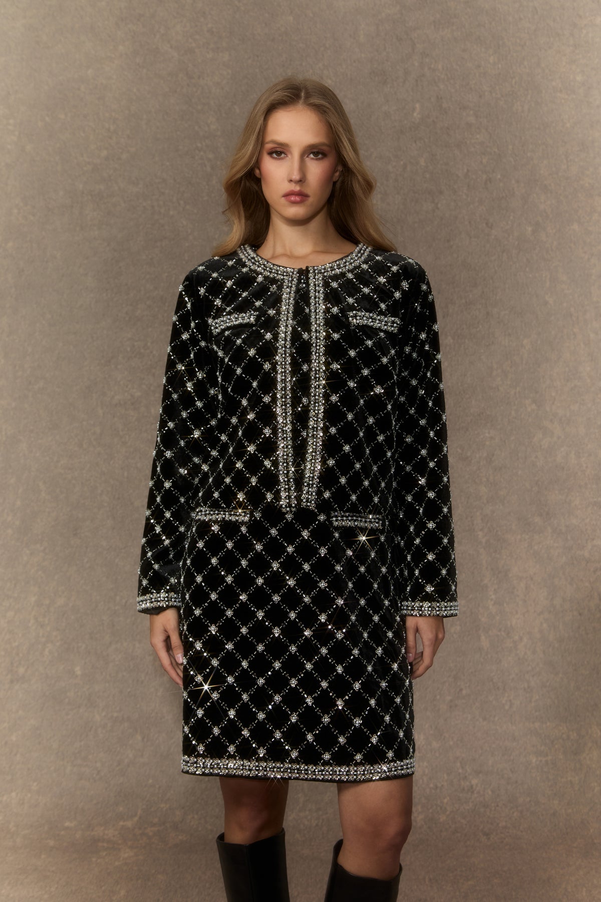 Graceful Finesse Black Beaded Embellished Grid Jacket
