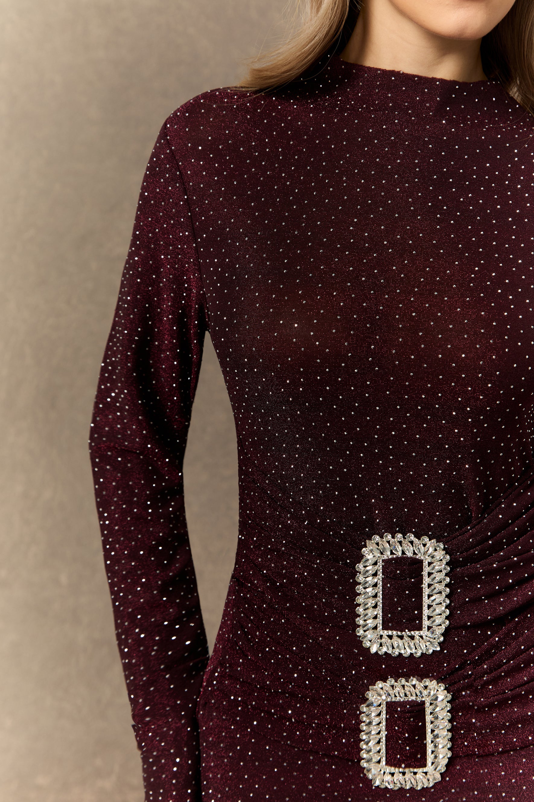 Forever Sensational Burgundy Crystal Buckle Maxi Dress