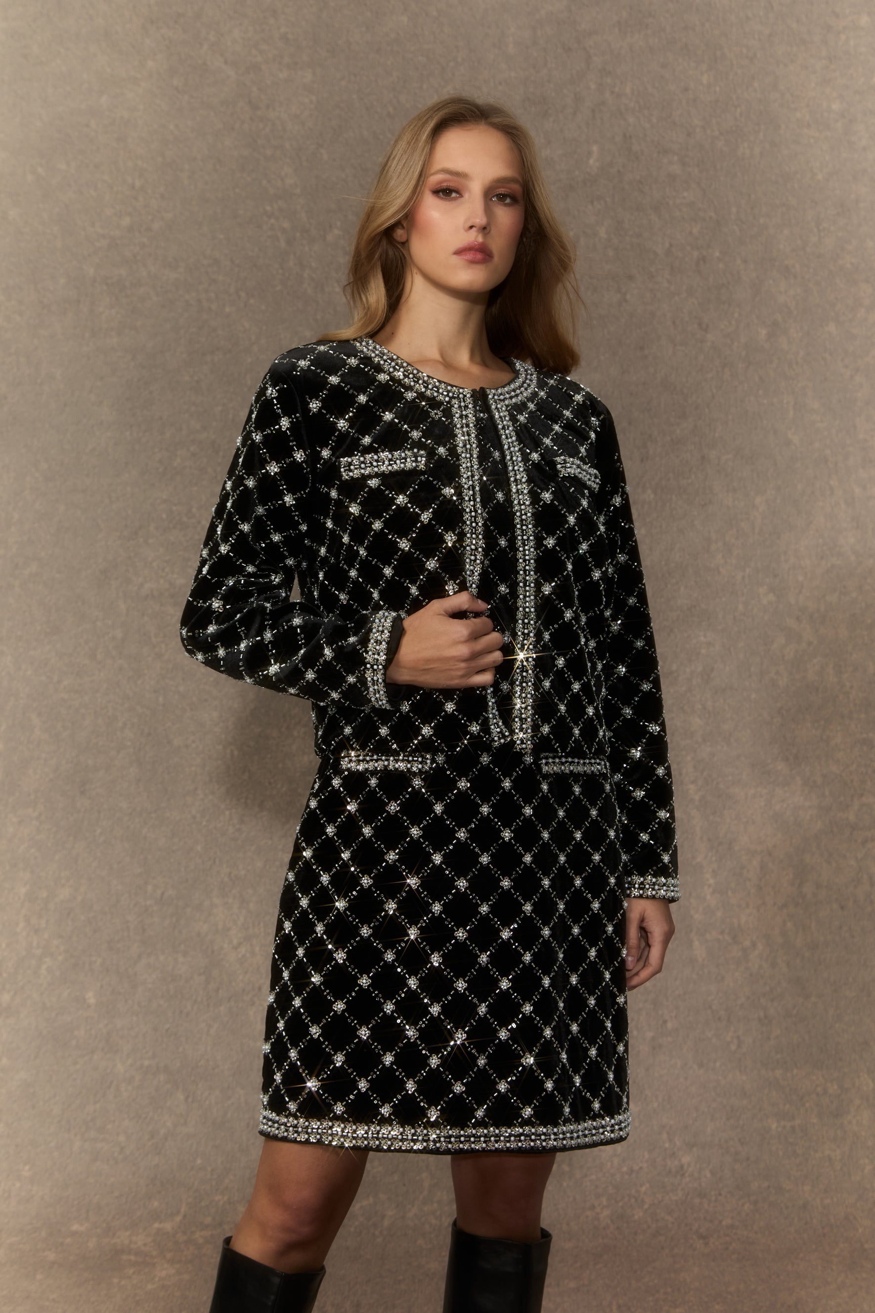 Graceful Finesse Black Beaded Embellished Grid Jacket