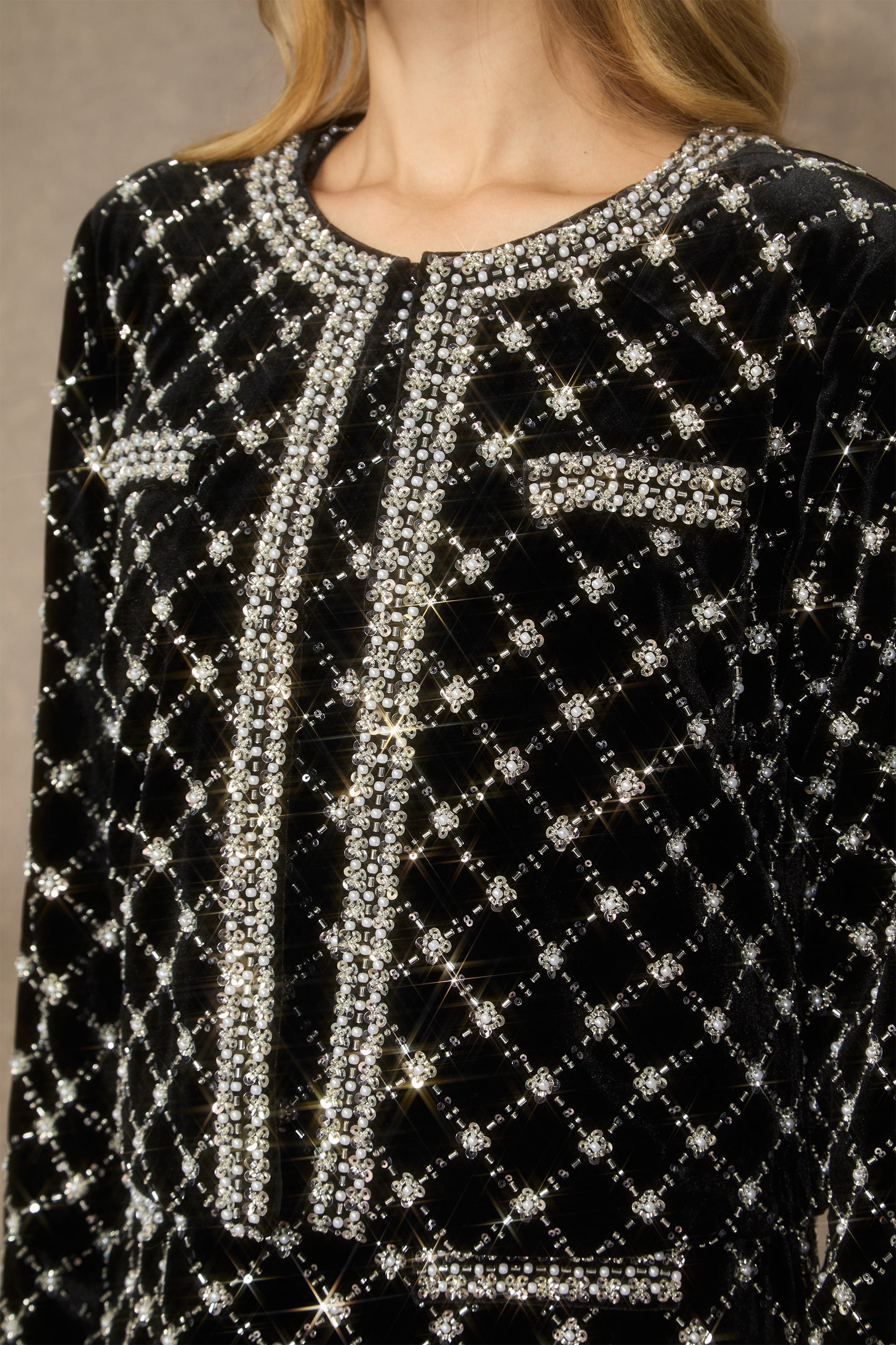 Graceful Finesse Black Beaded Embellished Grid Jacket