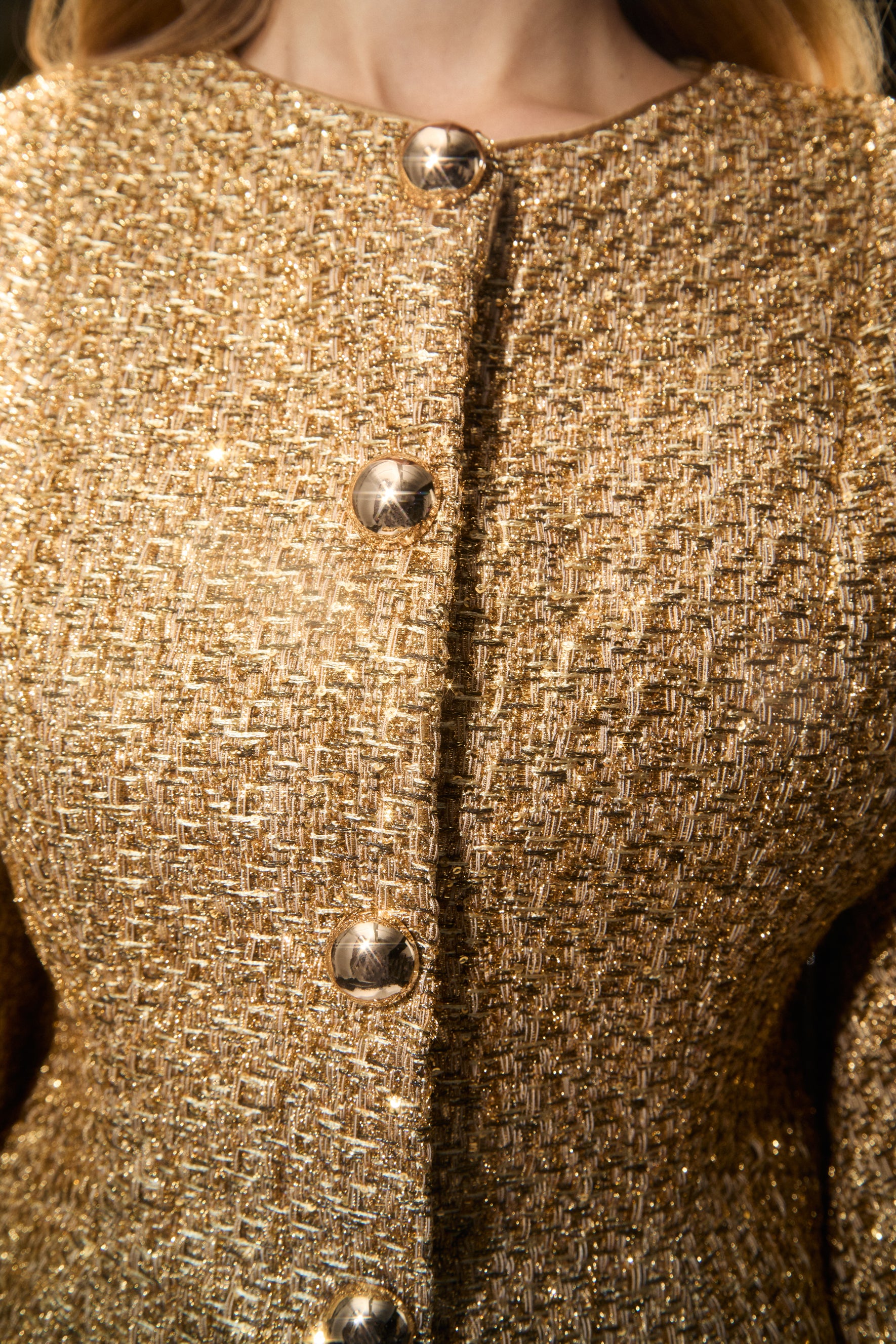 Shimmer District Gold Metallic Puff Sleeve Tweed Jacket