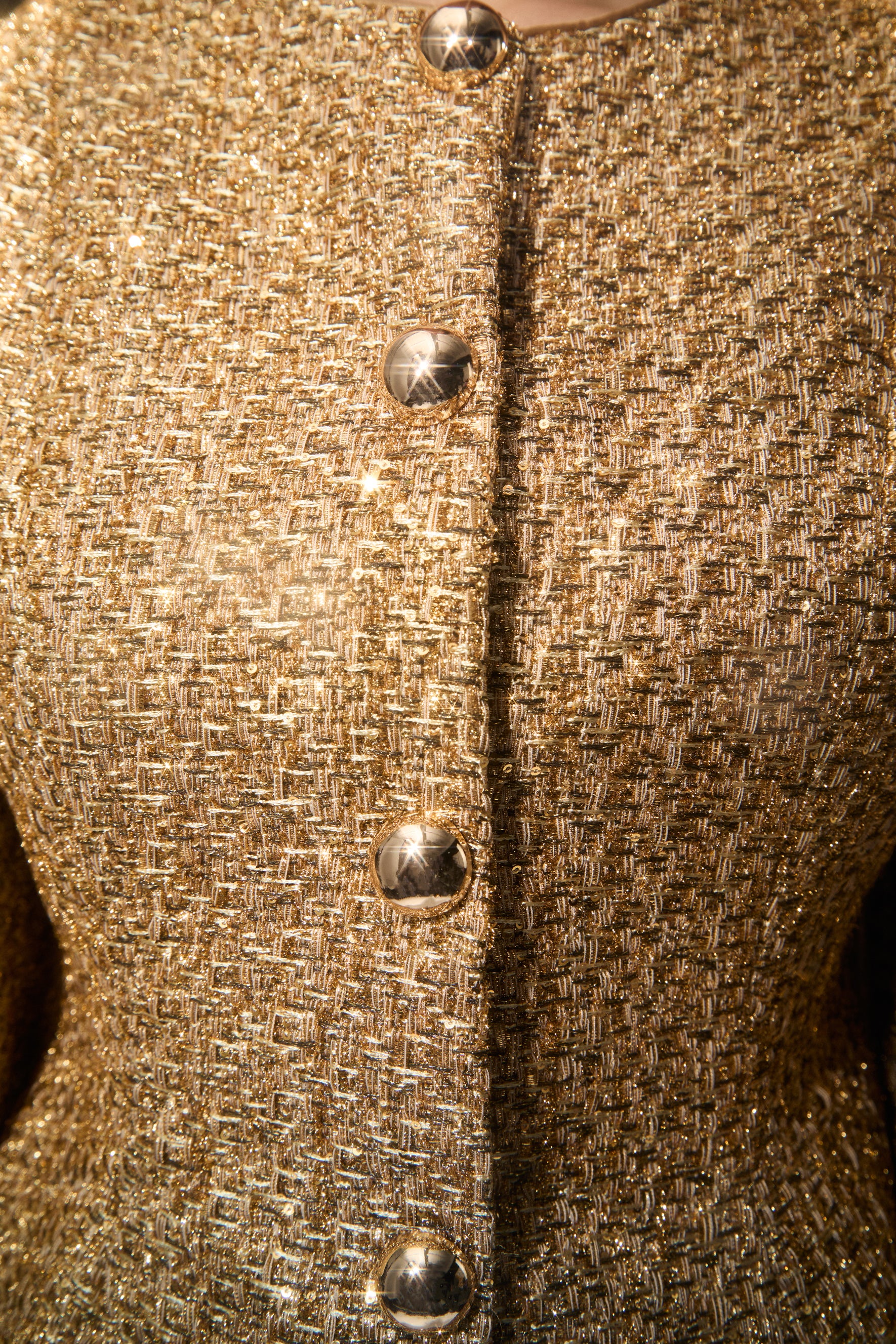 Shimmer District Gold Metallic Puff Sleeve Tweed Jacket