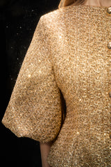 Shimmer District Gold Metallic Puff Sleeve Tweed Jacket