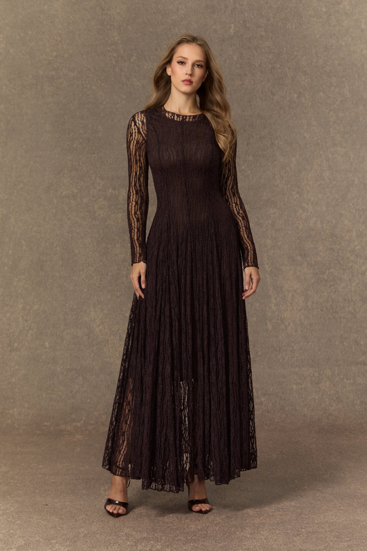 Momentous Moments Brown Sheer Lace Pleated Maxi Dress