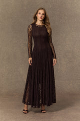 Momentous Moments Brown Sheer Lace Pleated Maxi Dress