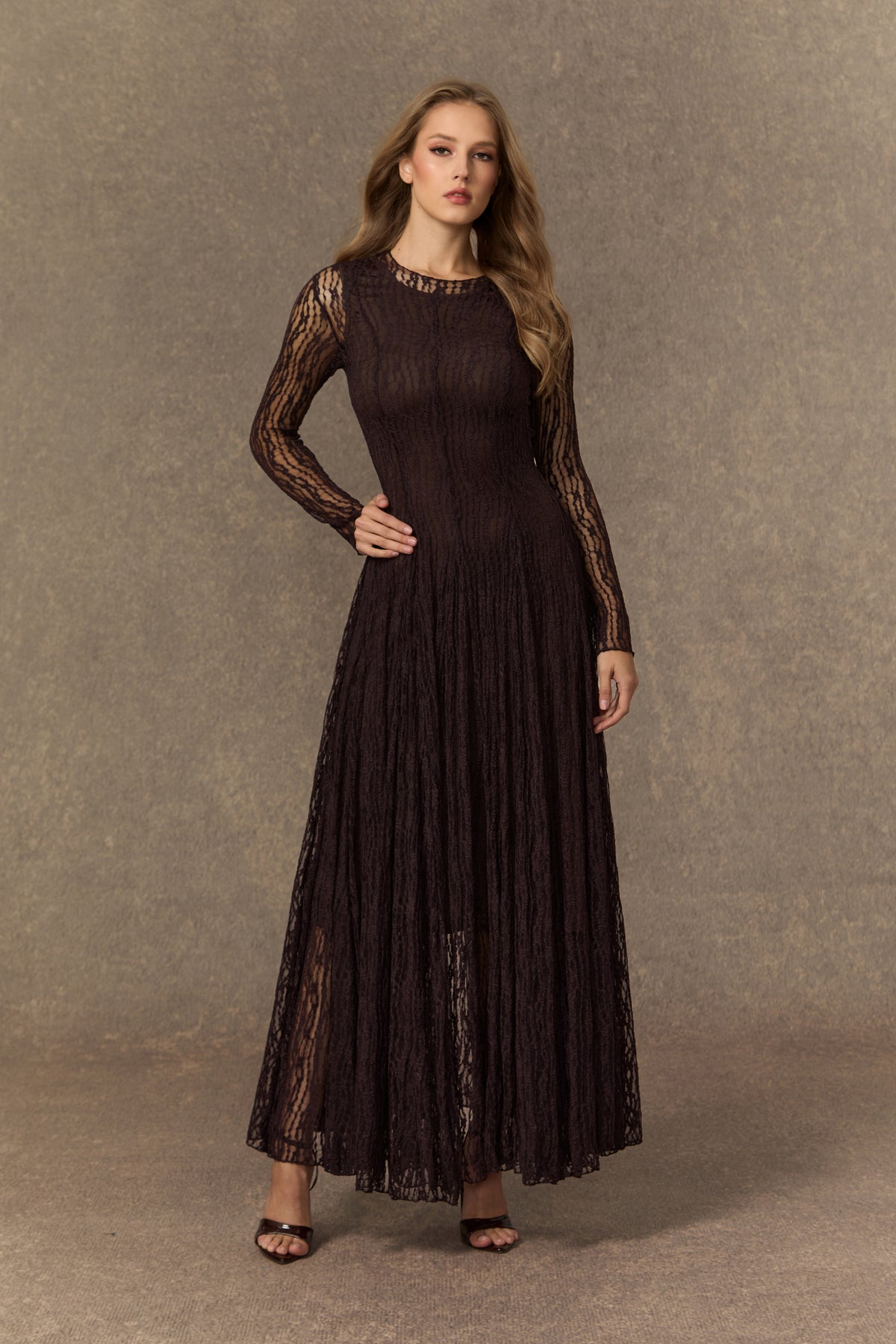 Momentous Moments Brown Sheer Lace Pleated Maxi Dress