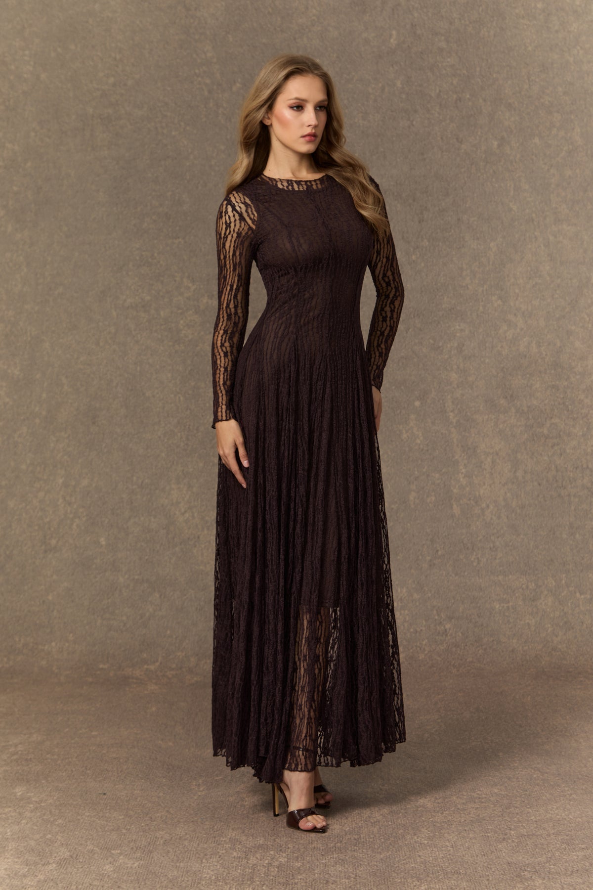 Momentous Moments Brown Sheer Lace Pleated Maxi Dress