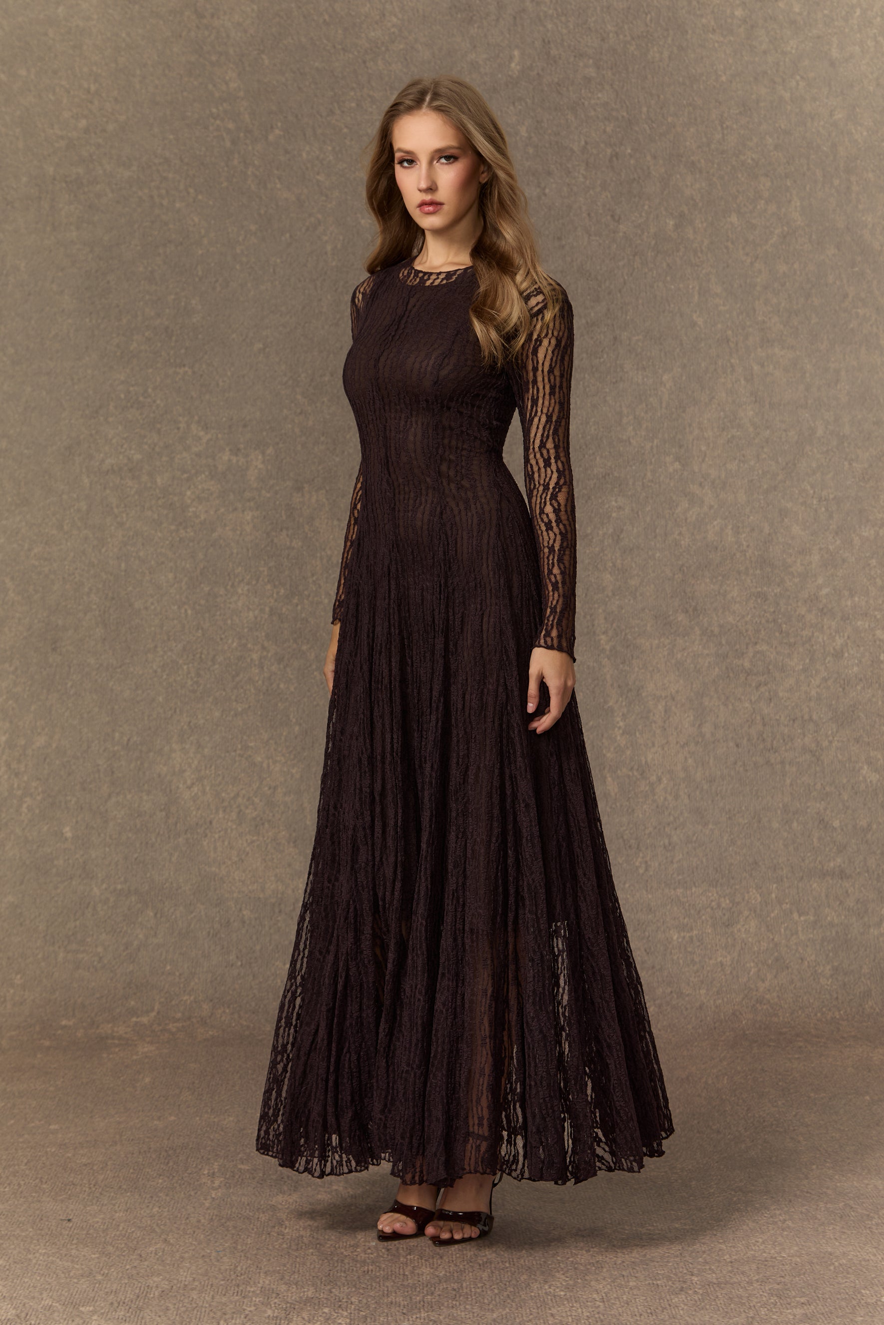 Momentous Moments Brown Sheer Lace Pleated Maxi Dress