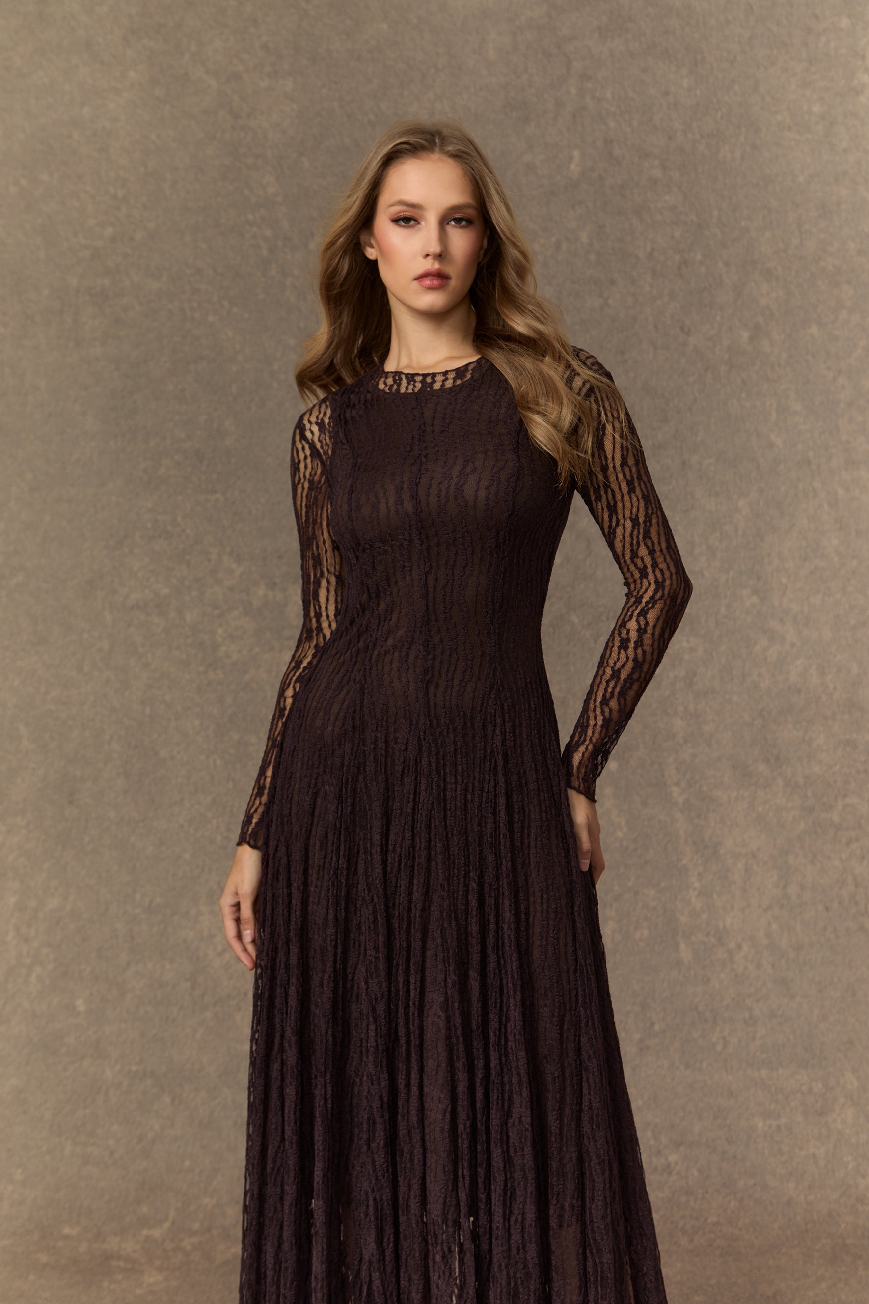 Momentous Moments Brown Sheer Lace Pleated Maxi Dress