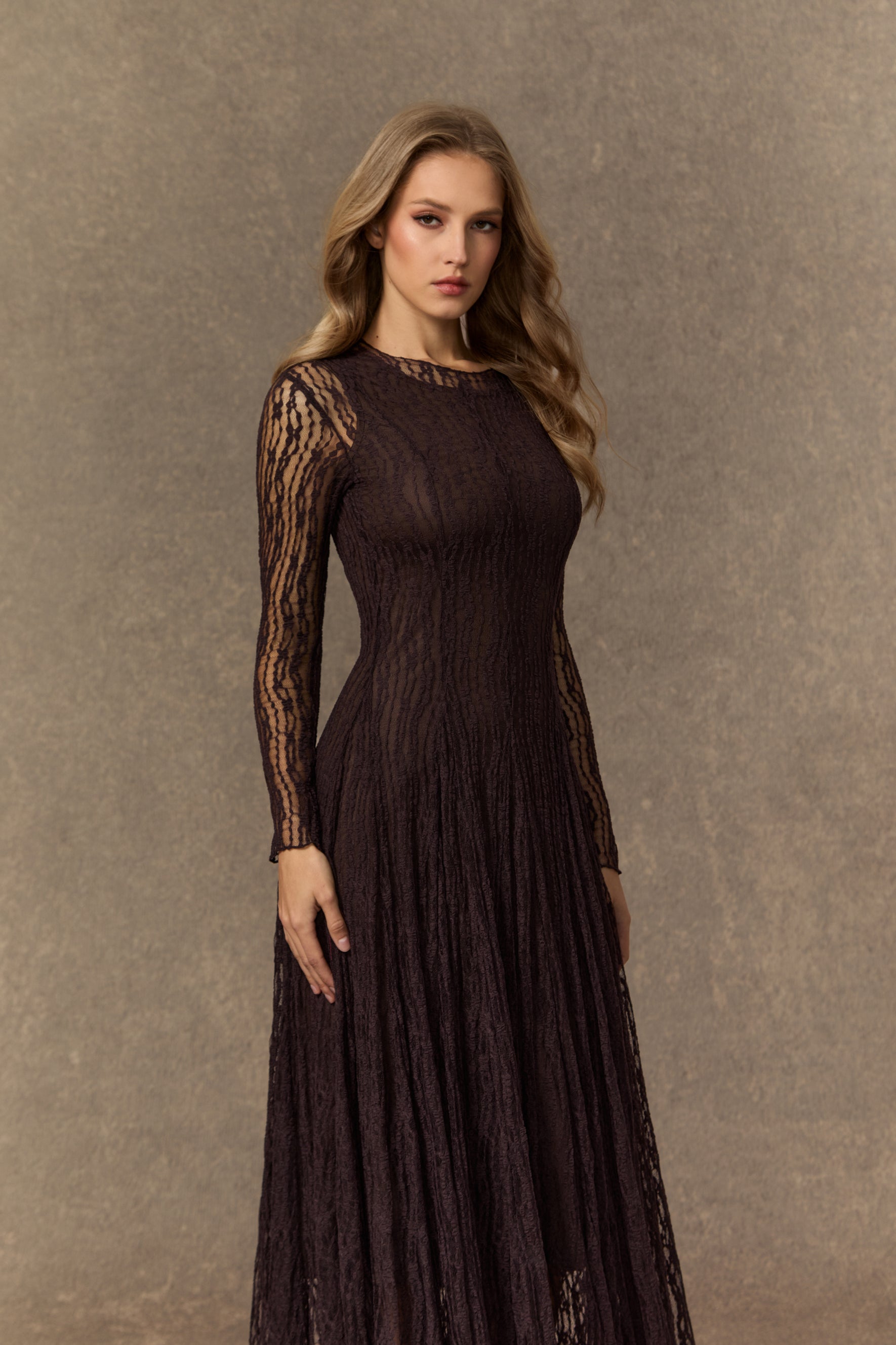 Momentous Moments Brown Sheer Lace Pleated Maxi Dress