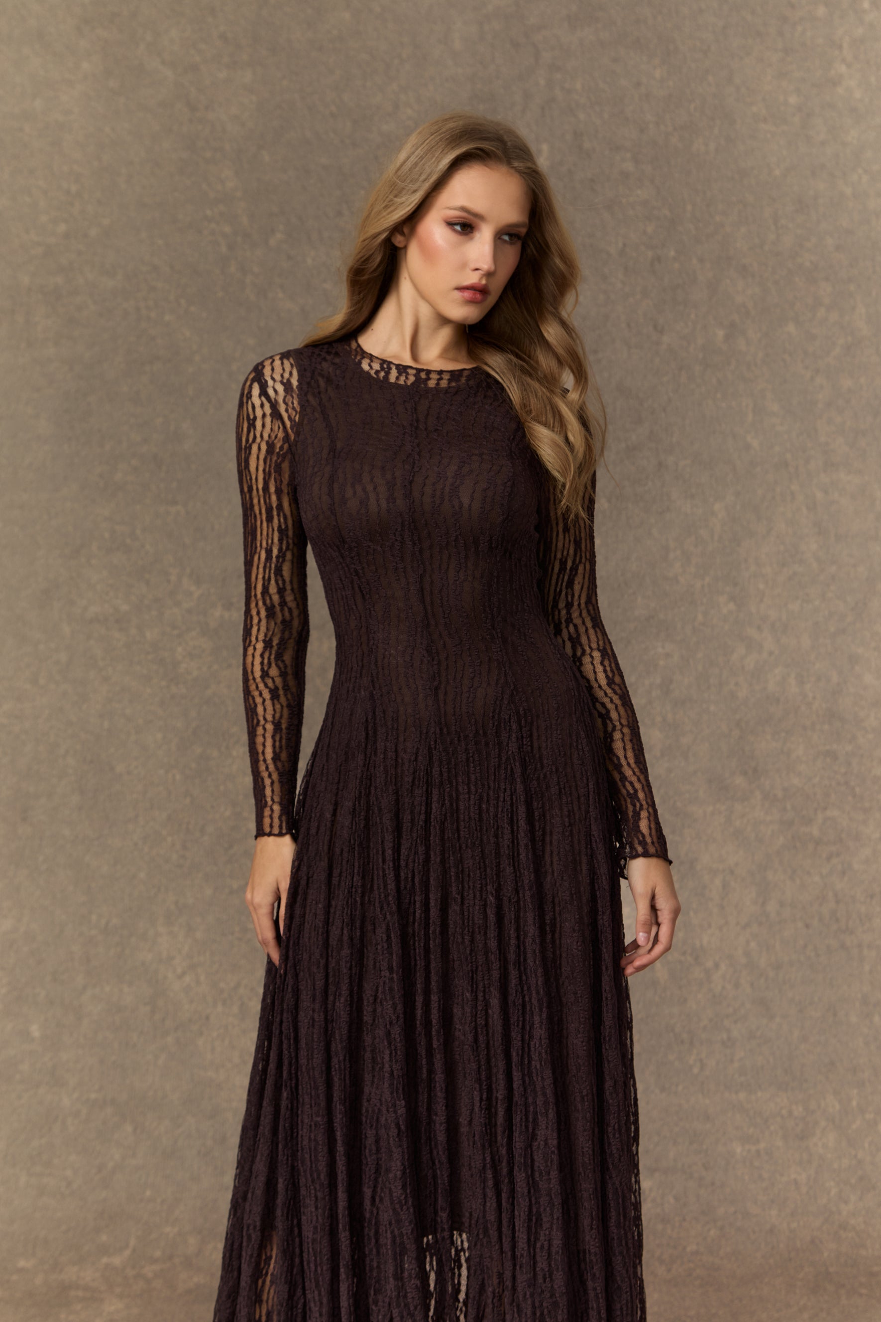 Momentous Moments Brown Sheer Lace Pleated Maxi Dress