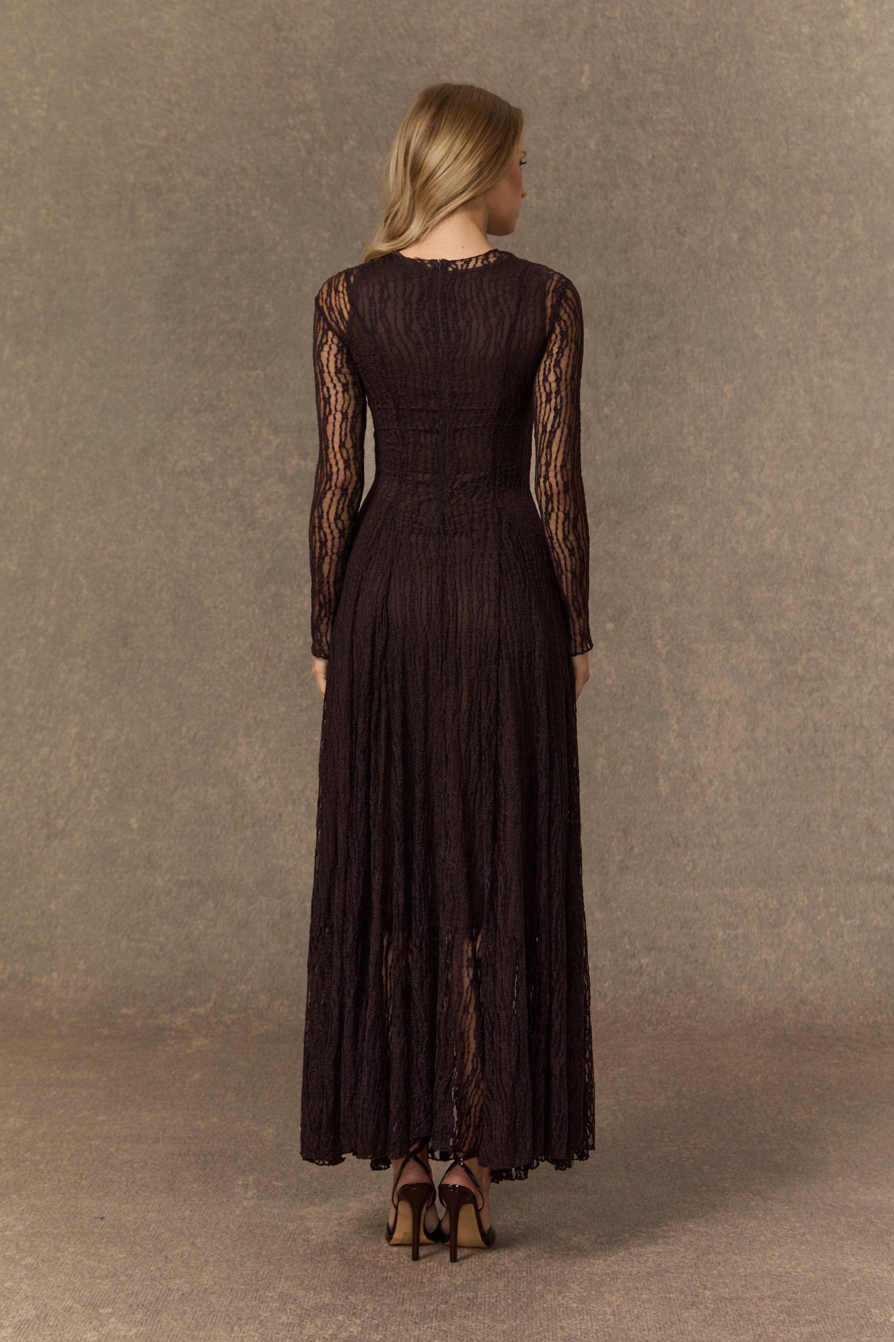 Momentous Moments Brown Sheer Lace Pleated Maxi Dress