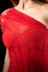 Sleek Society Red One Shoulder Corset Top & Ruffle Skirt Set