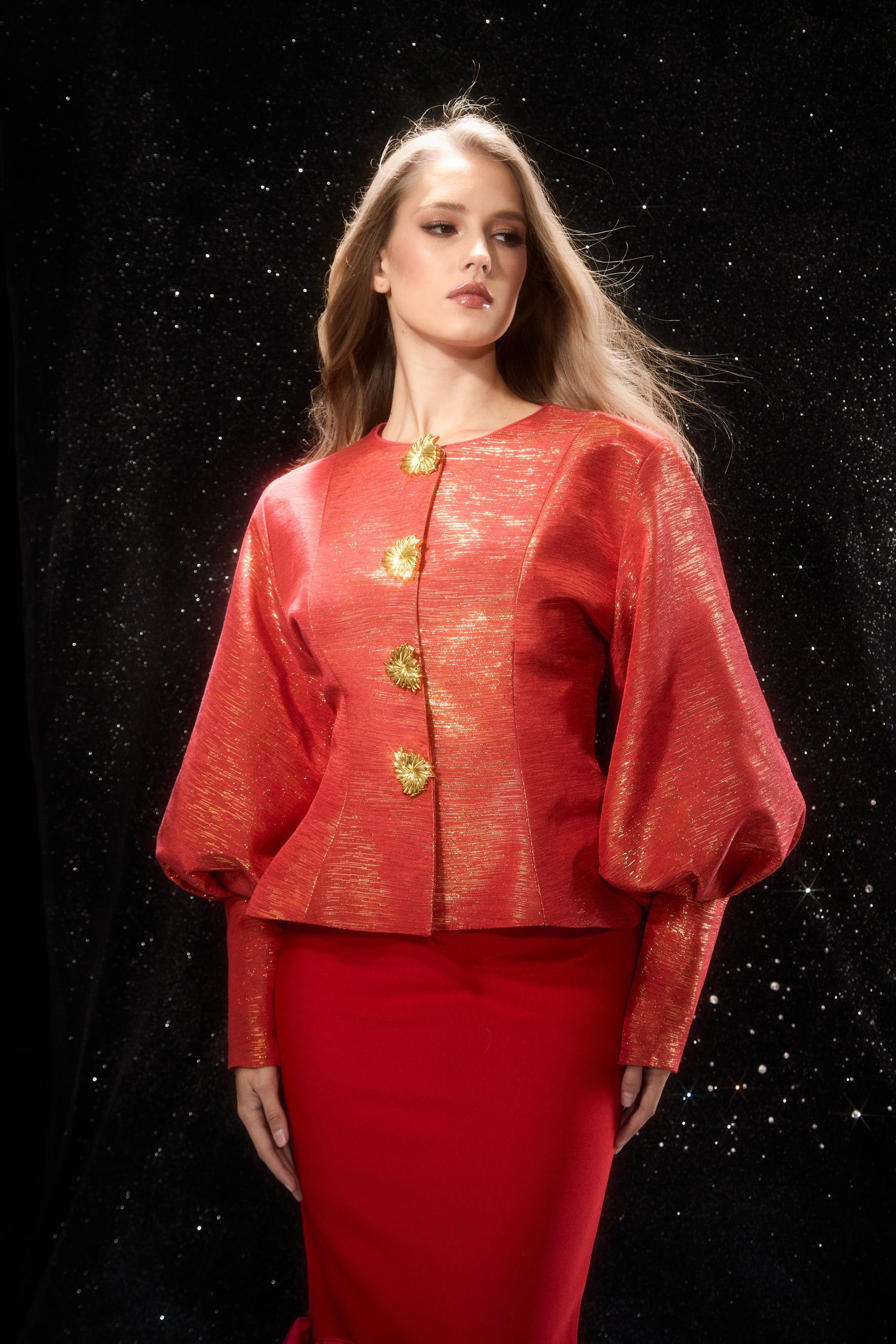Love Emotions Red Puff Sleeve Embellished Button Jacket