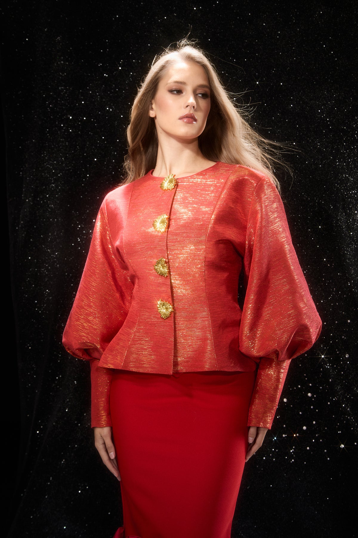 Love Emotions Red Puff Sleeve Embellished Button Jacket