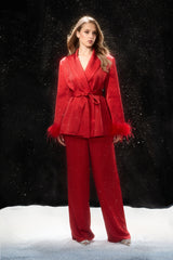 Limitless Radiance Red Feather Cuff Blazer & Pants Set