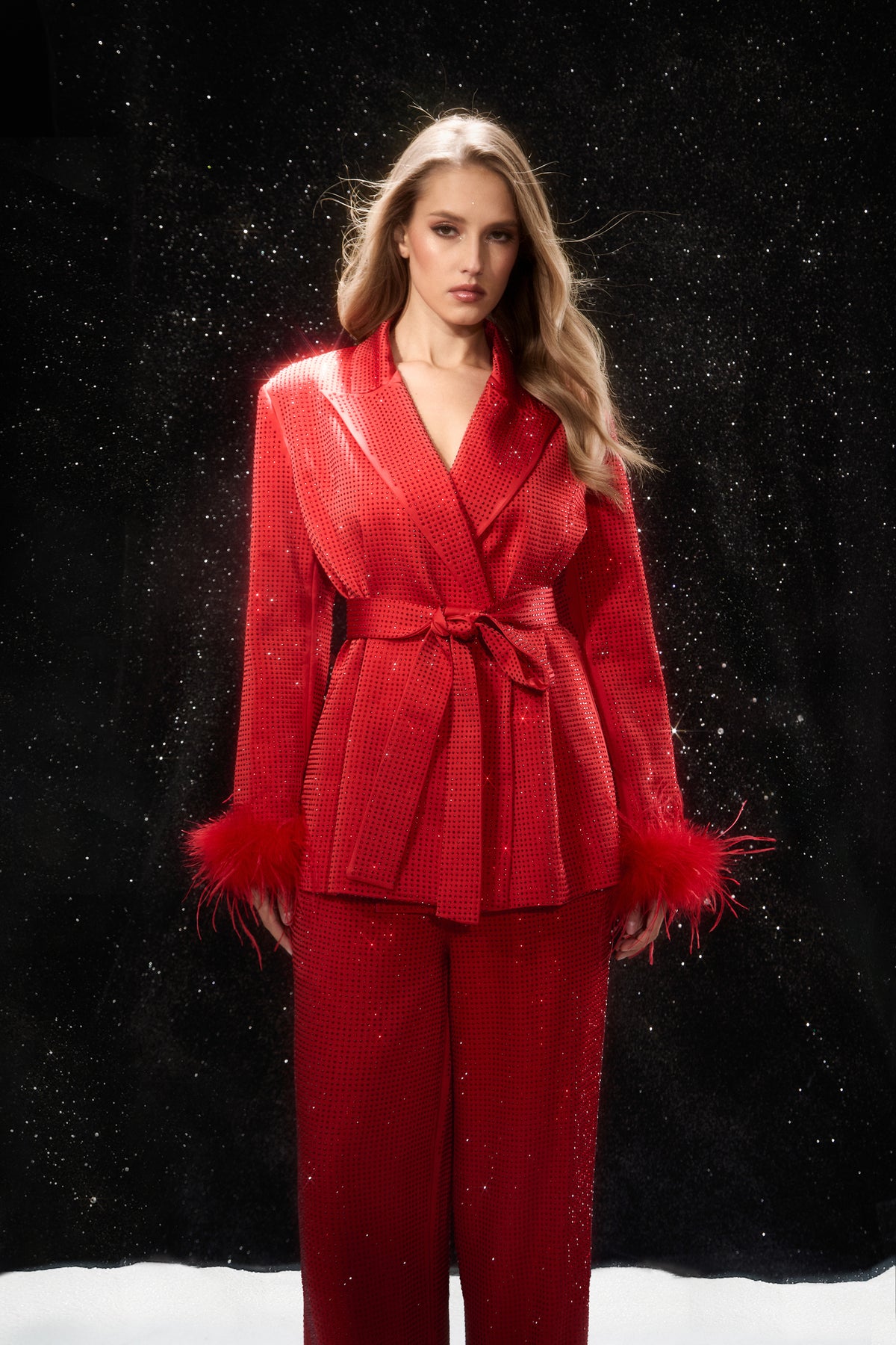 Limitless Radiance Red Feather Cuff Blazer & Pants Set