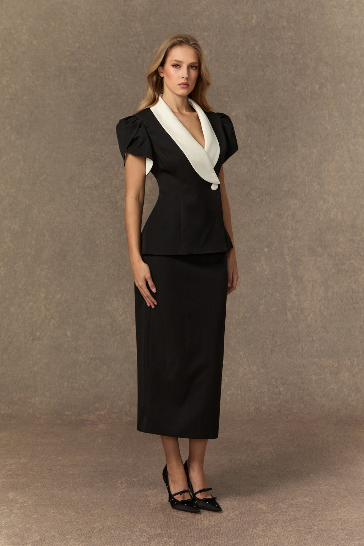 Simply Beloved Black Color Block Top & Pencil Skirt Set