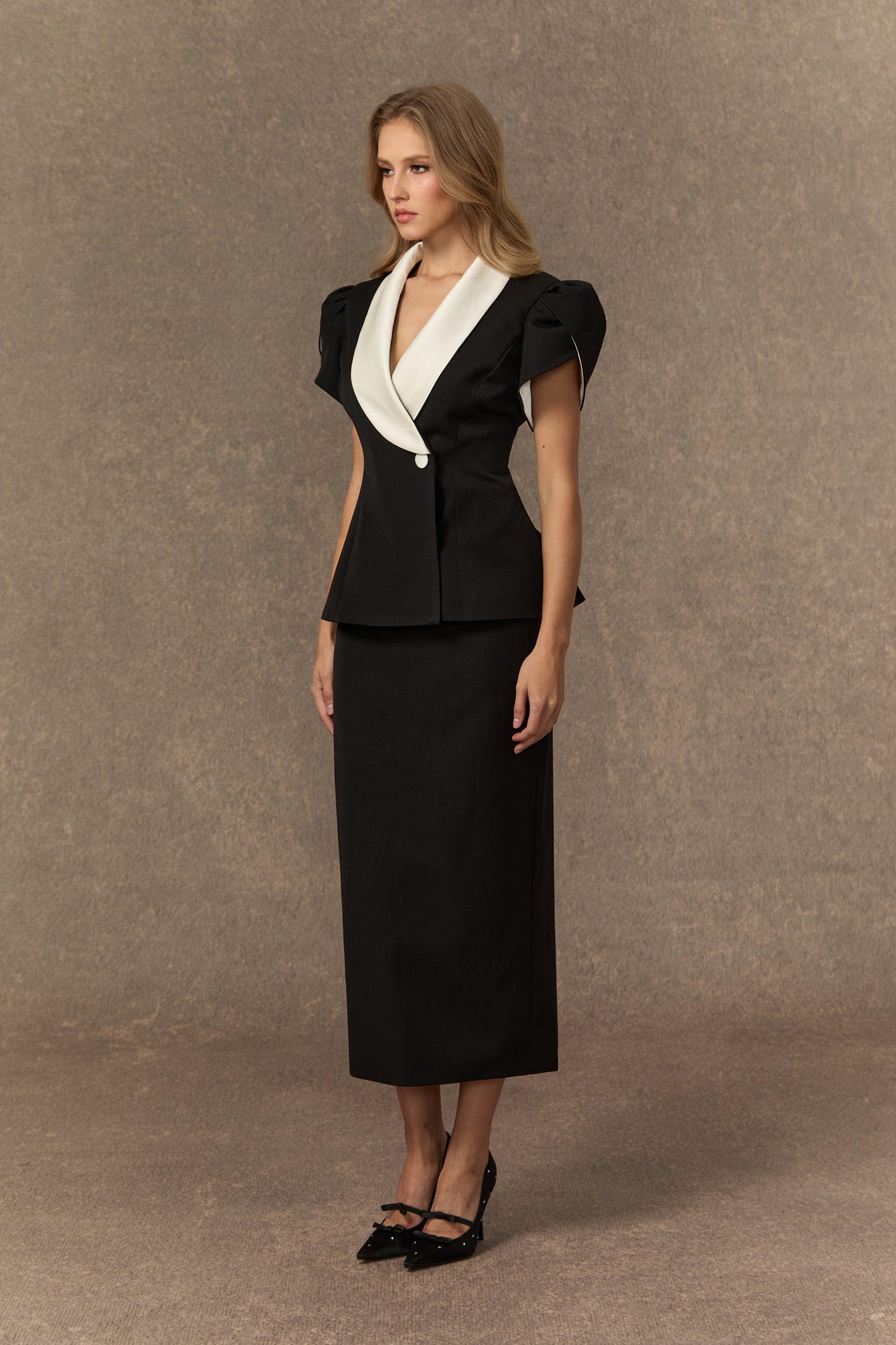 Simply Beloved Black Color Block Top & Pencil Skirt Set